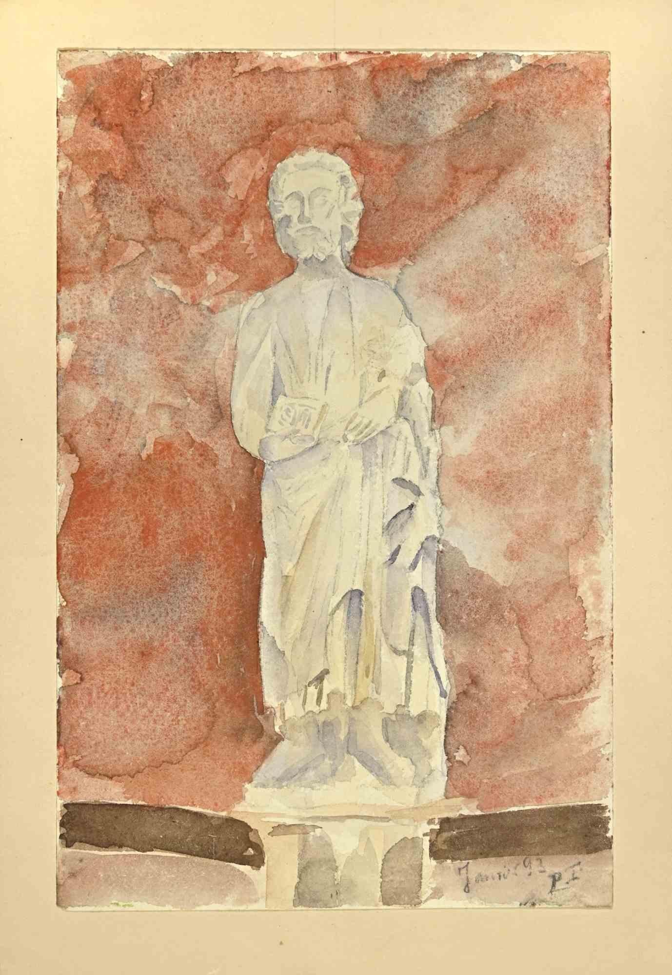 The Statue is a drawing in watercolor on paper realized in 1893 by Paul Ingelrans.

Monogrammed and dated.

The state of preservation is good with foxing.

The artwork represents the statue through harmonious colors.