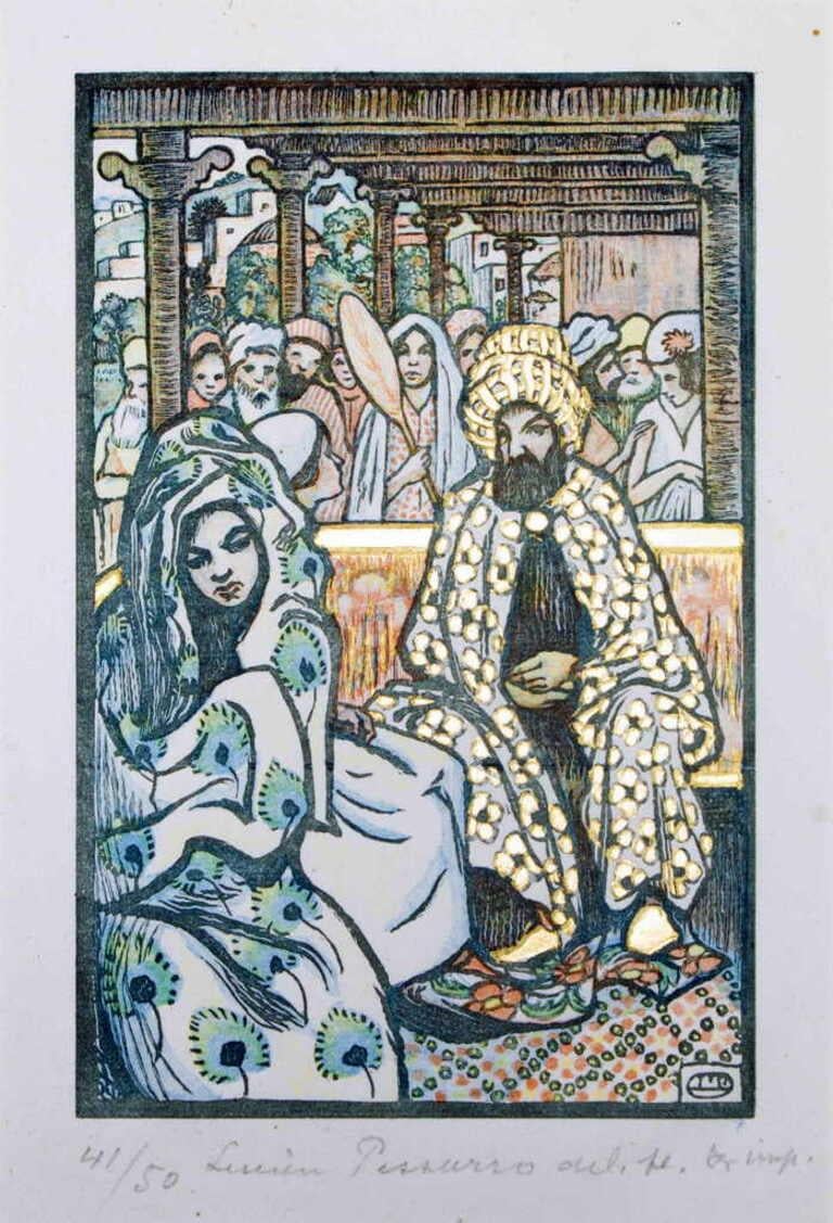 Grabado xilográfico realizado por Lucien Pissarro para ilustrar la Hitoire de la Reine du Matin et des Soliman Princes des Genies de Gerard de Nerva.

Firmado a mano

Edición de 50 ejemplares (41/50)