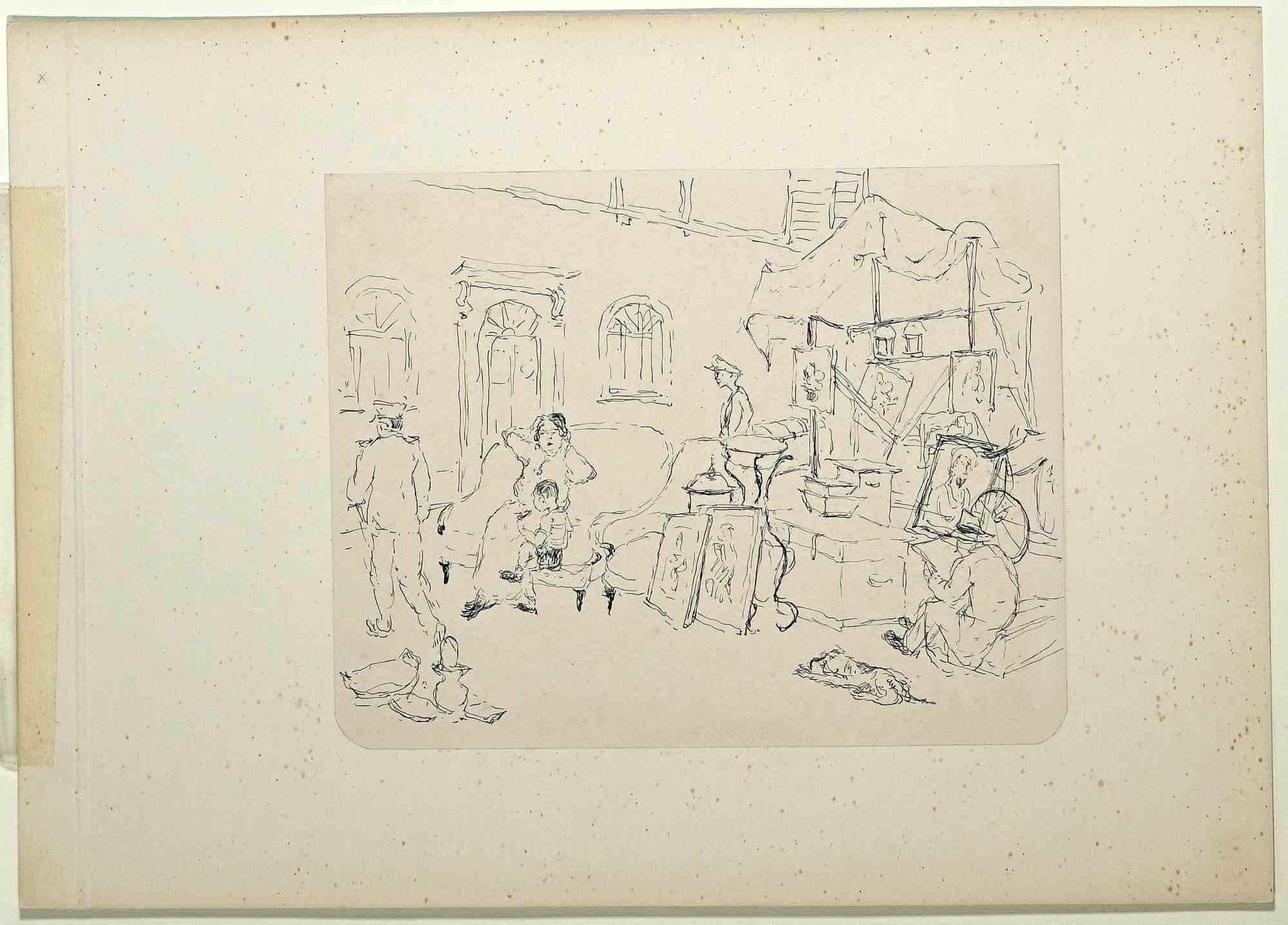 A Market - Drawing by Katerina Wilczynski - 1953 ca