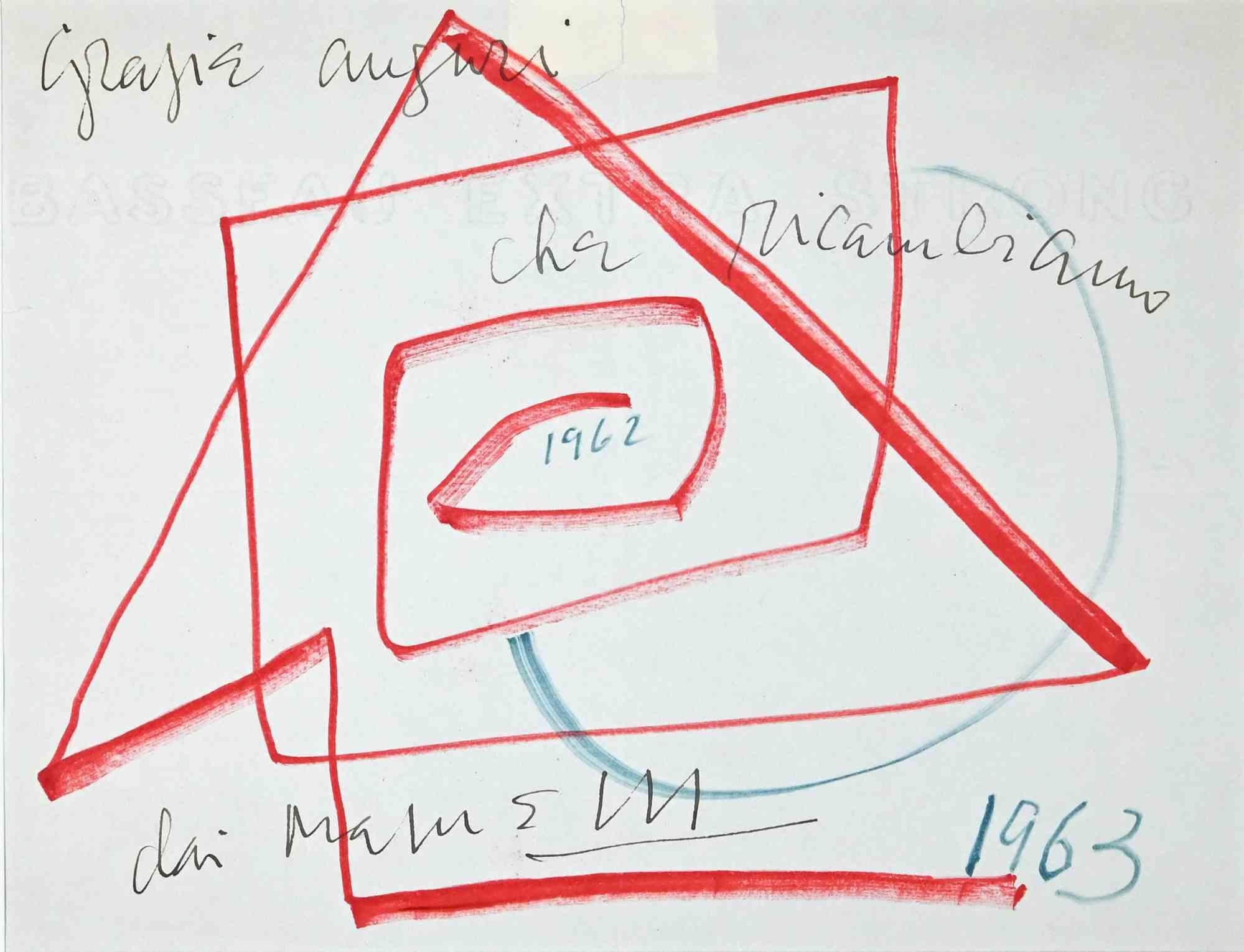 Joli dessin à l'aquarelle réalisé par Alberto Magnelli pour la comtesse Pecci-Blunt à la fin de l'année 1962, pour lui souhaiter une bonne année 1963.

Signé à la main.

Très bon état à l'exception de deux petites déchirures dans le bord supérieur. 