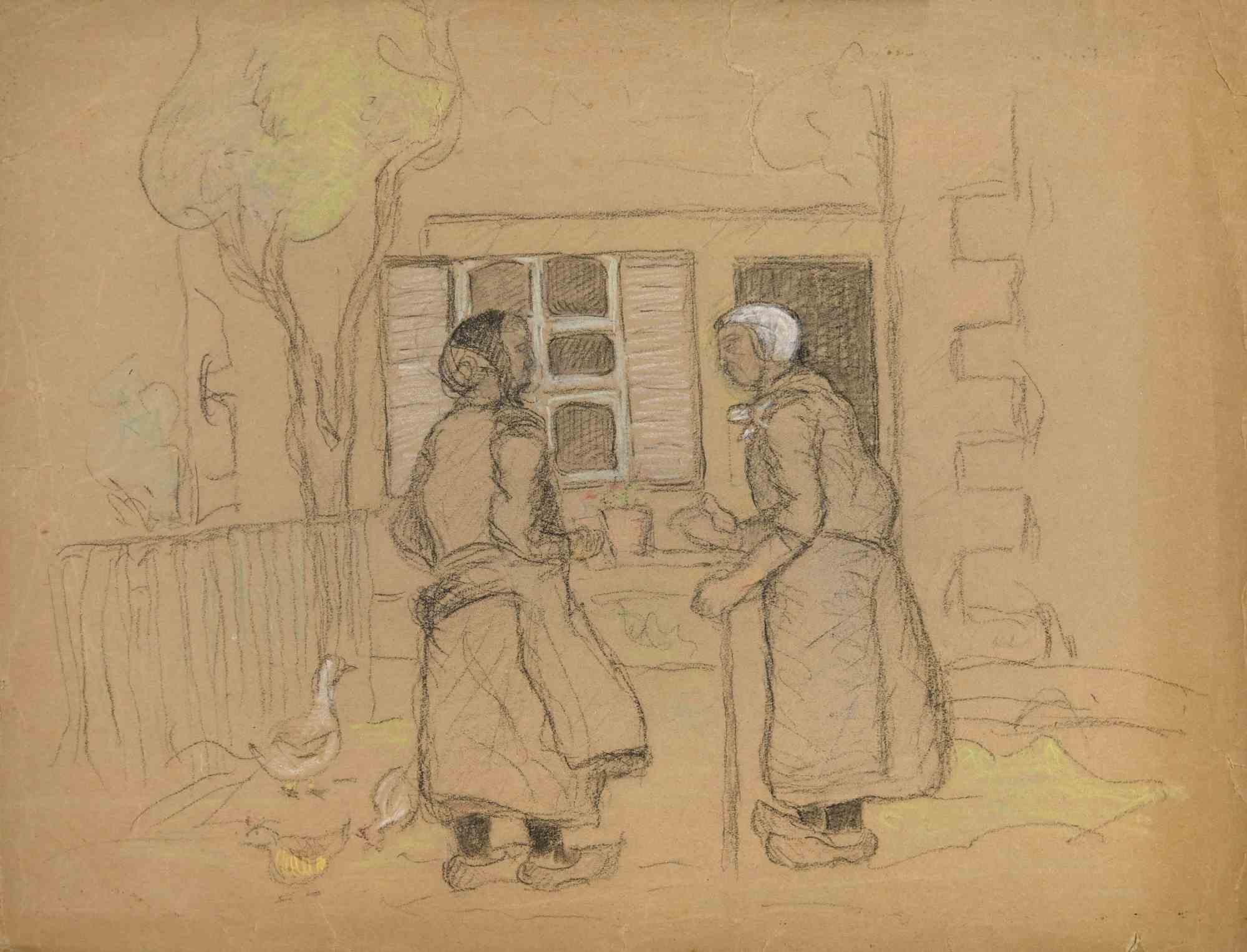 Figure in campagna è un'opera originale realizzata da Augustus Koopman (1869-1914) all'inizio del XX secolo.

Buone condizioni a parte qualche strappo sul bordo.

Disegno a matita.