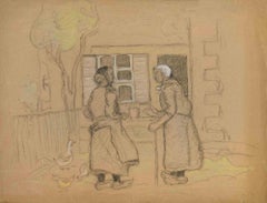 Figures dans la campagne  - Dessin d'Augustus Koopman - Début du 20e siècle