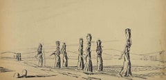 Water Bearers in the Desert - Drawing by Edouard Dufeu - Early 20th Century