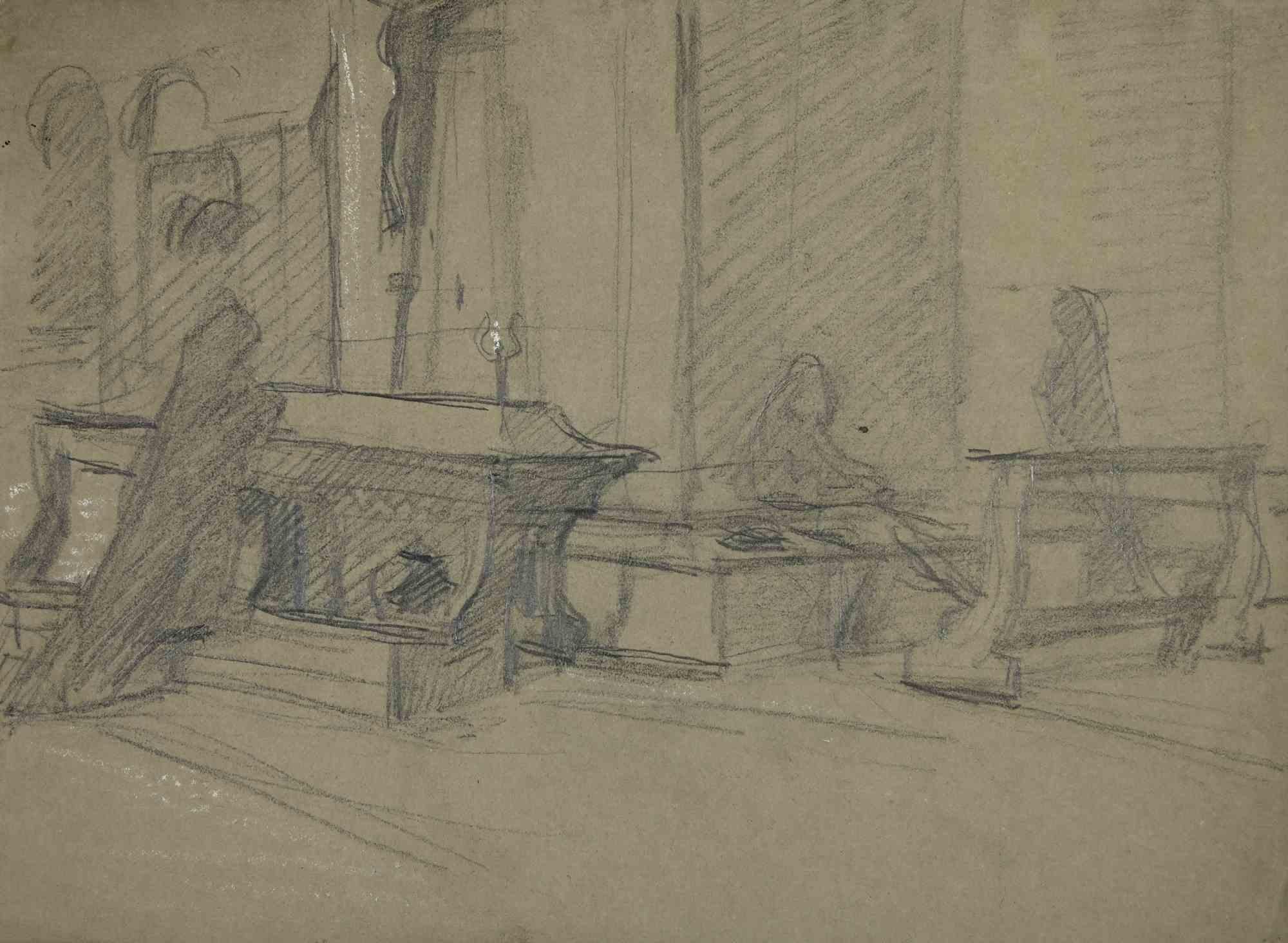 In Church in Prayer - Drawing by Eugène-Romain Thirion - Early 20th Century