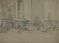 En prière à Church - Dessin d'Eugène-Romain Thirion - Début du 20e siècle