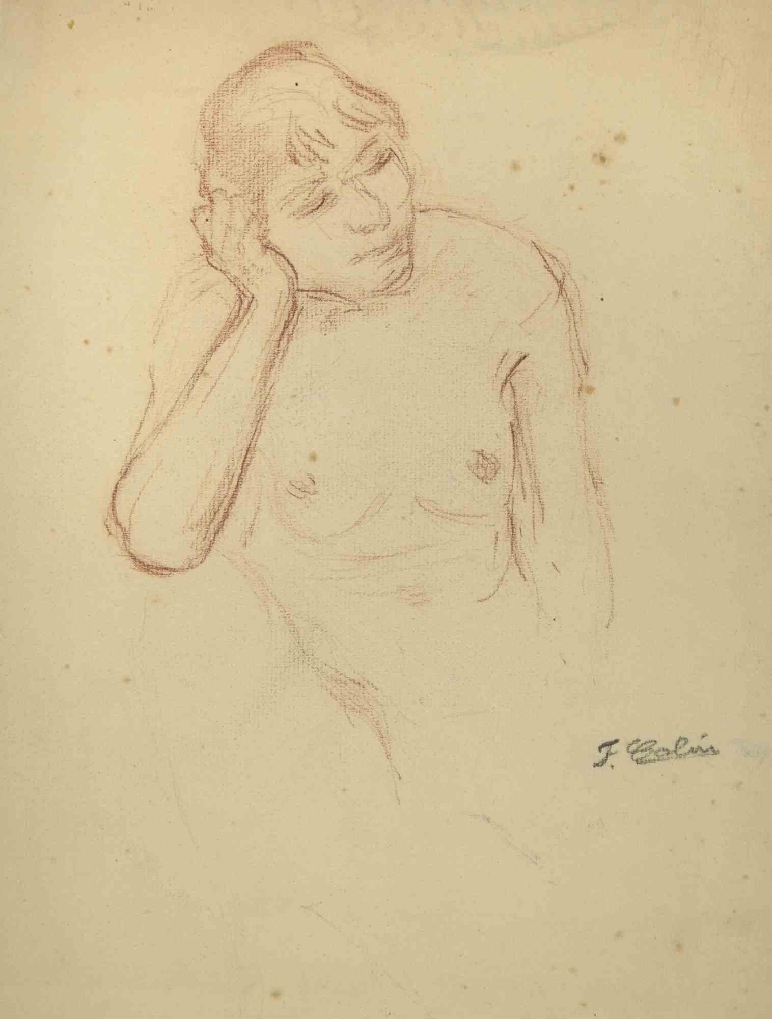 Figur einer Frau im Blut – Zeichnung von Joseph Colin – frühes 20. Jahrhundert