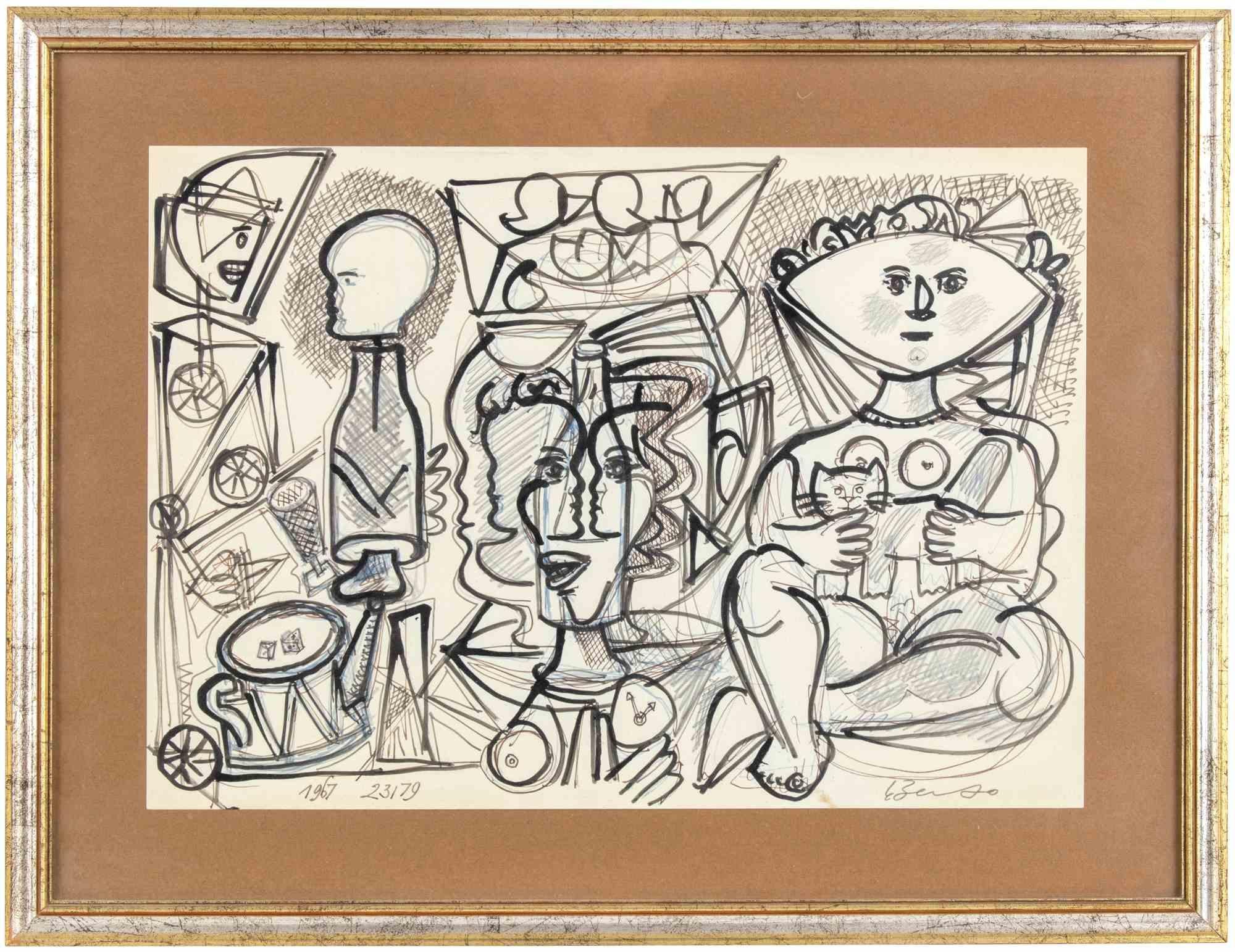 Disegno a matita e penne nere realizzato da Berto nel 1967.

Firmato a mano e datato.

In ottime condizioni, include una cornice in legno coeva. 