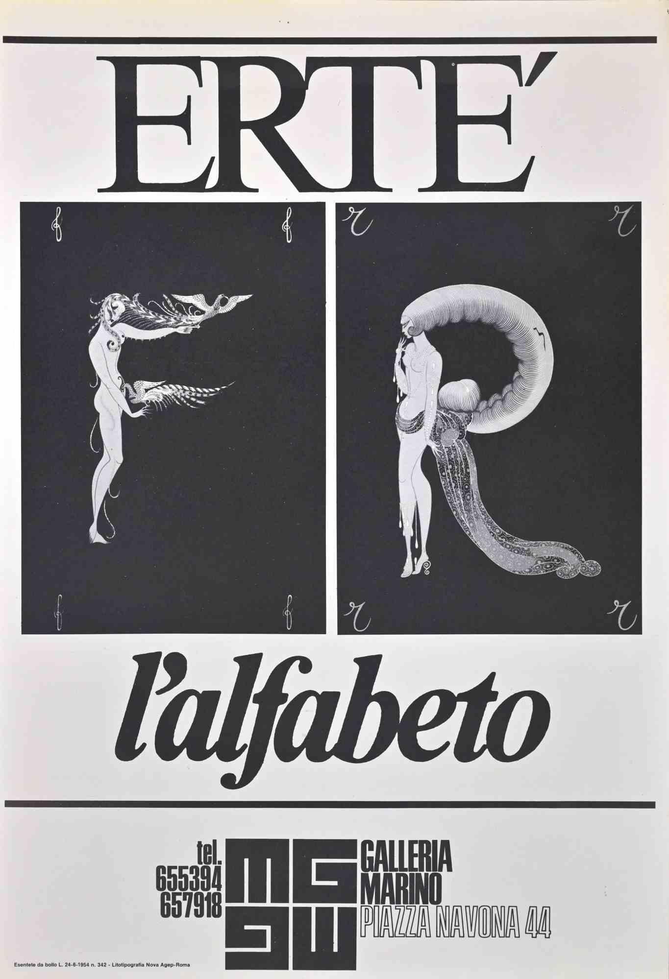 Erté Poster  is a vintagel offset poster about an exhibition of the famous alphabet realized by Erté in Marino gallery at Rome in Navona's square.

Edition of 1000.

Very good condition.