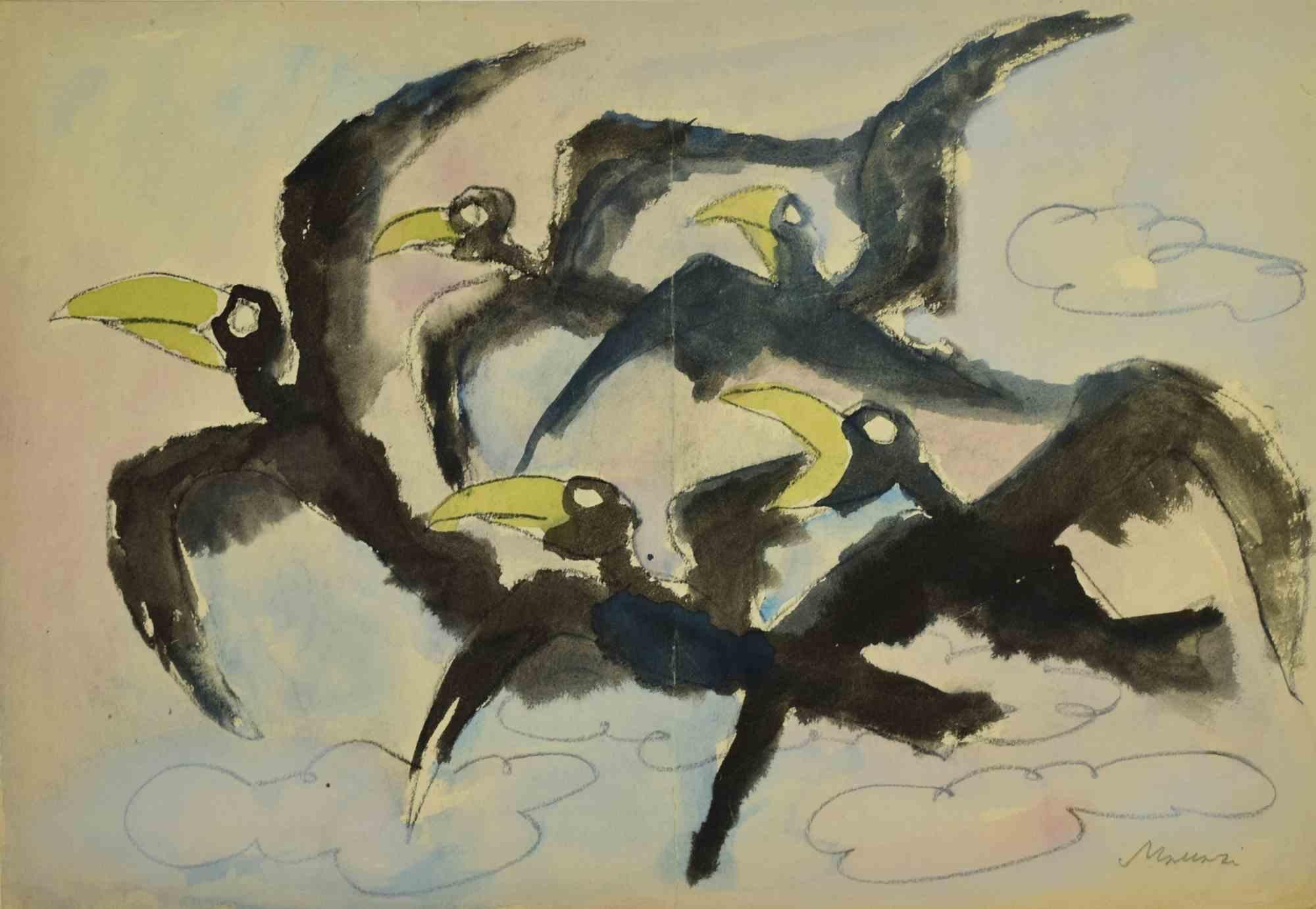 Black Birds is an artwork realized by Mino Maccari  (1924-1989) in the 20th century.

Charcoal and watercolor on paper.

Signed by the artist.

Good conditions.

Mino Maccari (Siena, 1924-Rome, June 16, 1989) was an Italian writer, painter, engraver