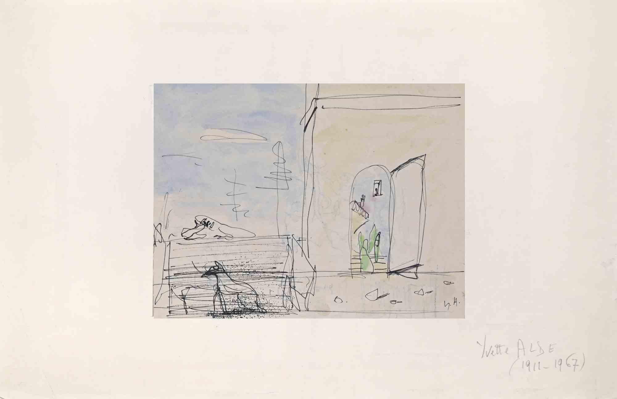 Sketch is a modern artwork realized by Yvette Alde in the Mid-20th Century.

Ink and watercolor,.

Good conditions.