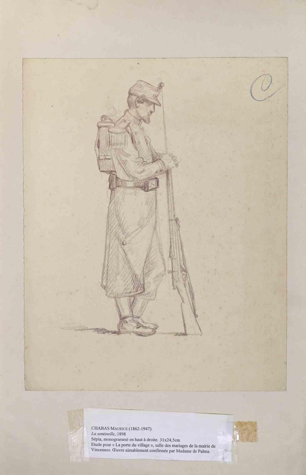 Maurice Chabas Figurative Art - La Sentinelle - Drawing By Maurice Chabas - 1898