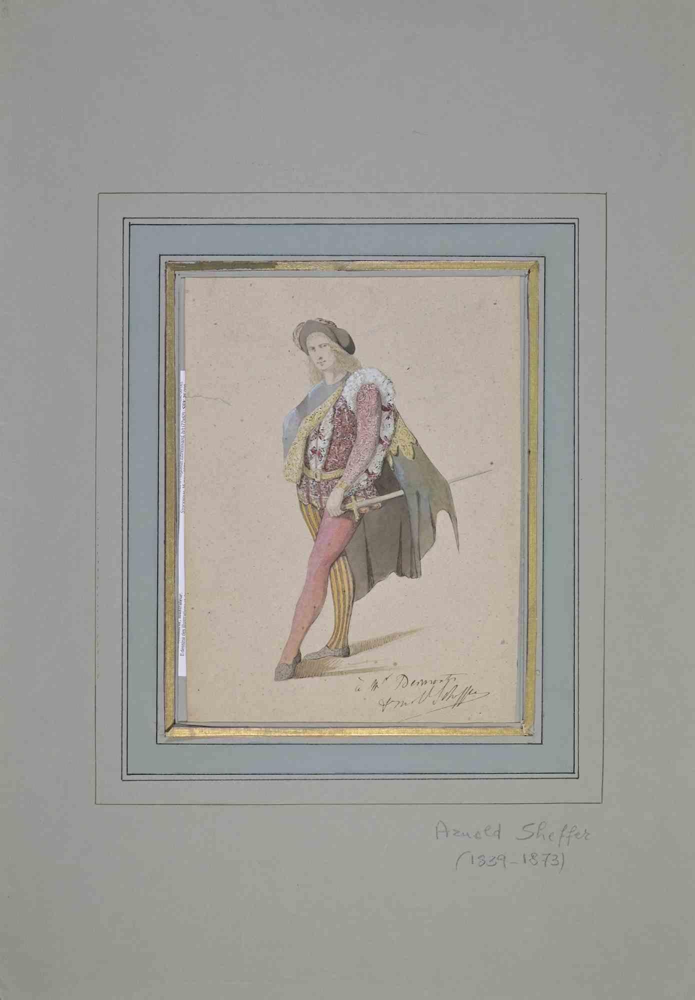 Costume is an artwork realized in the Mid-19th Century by Arnold Sheffer (1809-1873).

Ink and watercolor.

Dedicated and hand signed.

Good conditions.