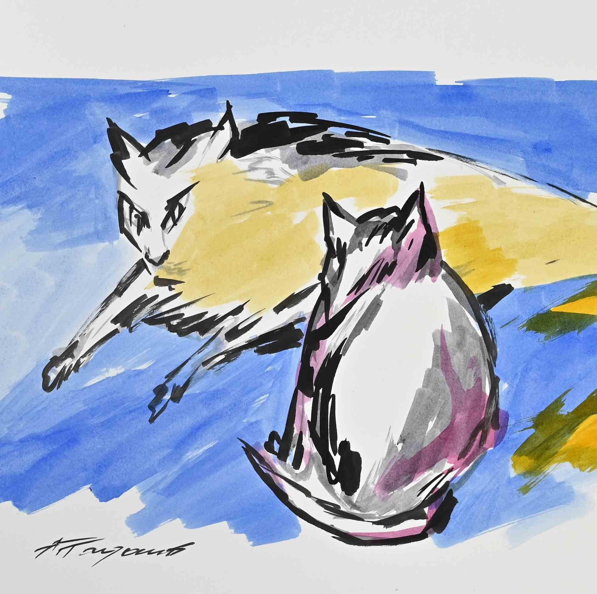 Cats - Drawing by Arturo Pagano - 1980s en venta 1