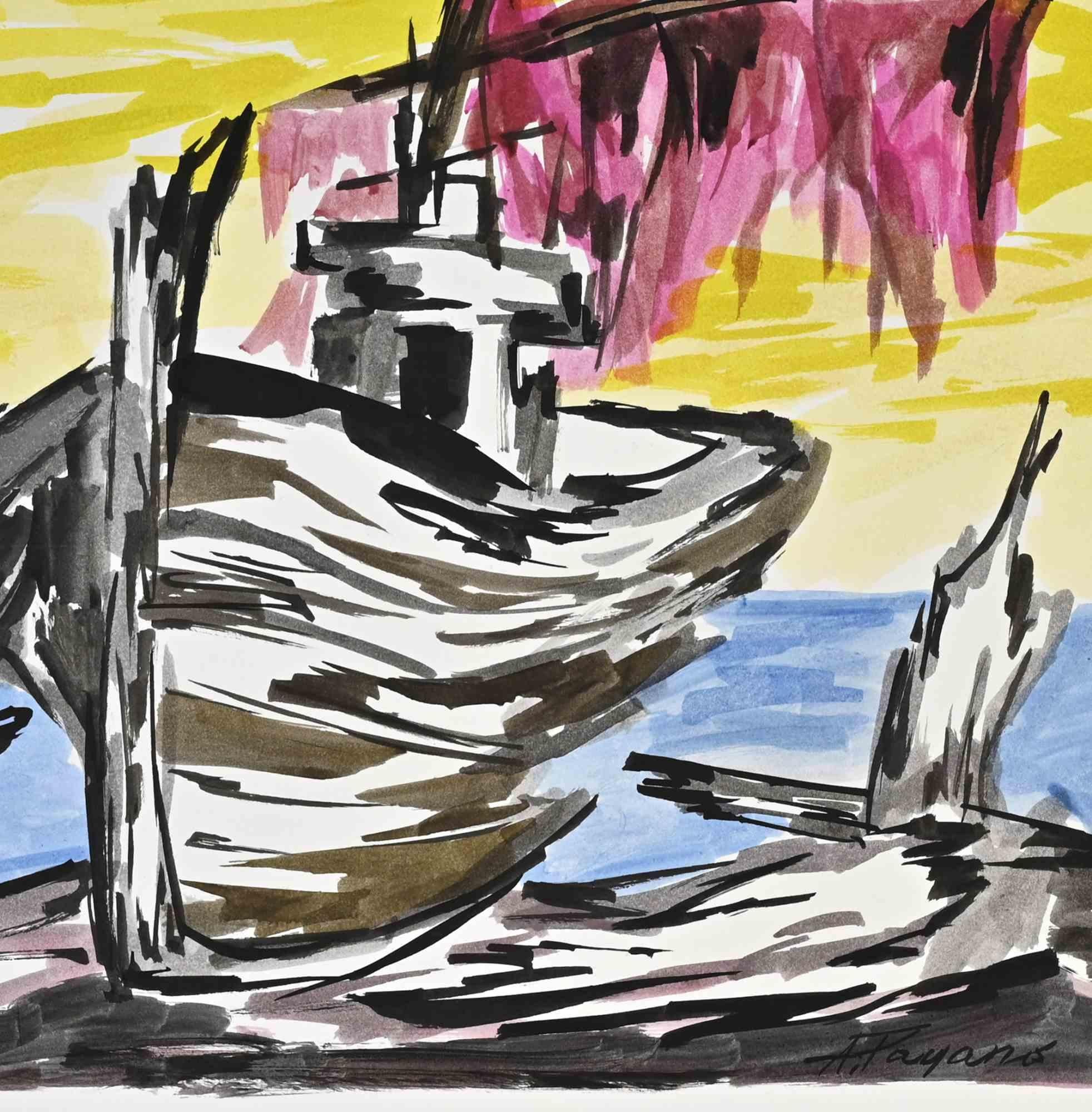 Le bateau - dessin d'Arturo Pagano - années 1980 en vente 1