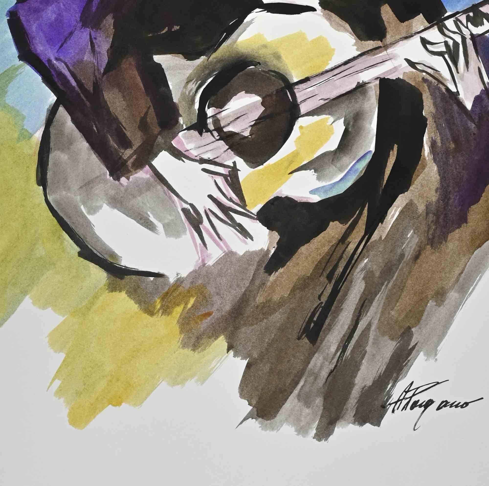 Guitar Player - Drawing by Arturo Pagano - 1980s For Sale 1