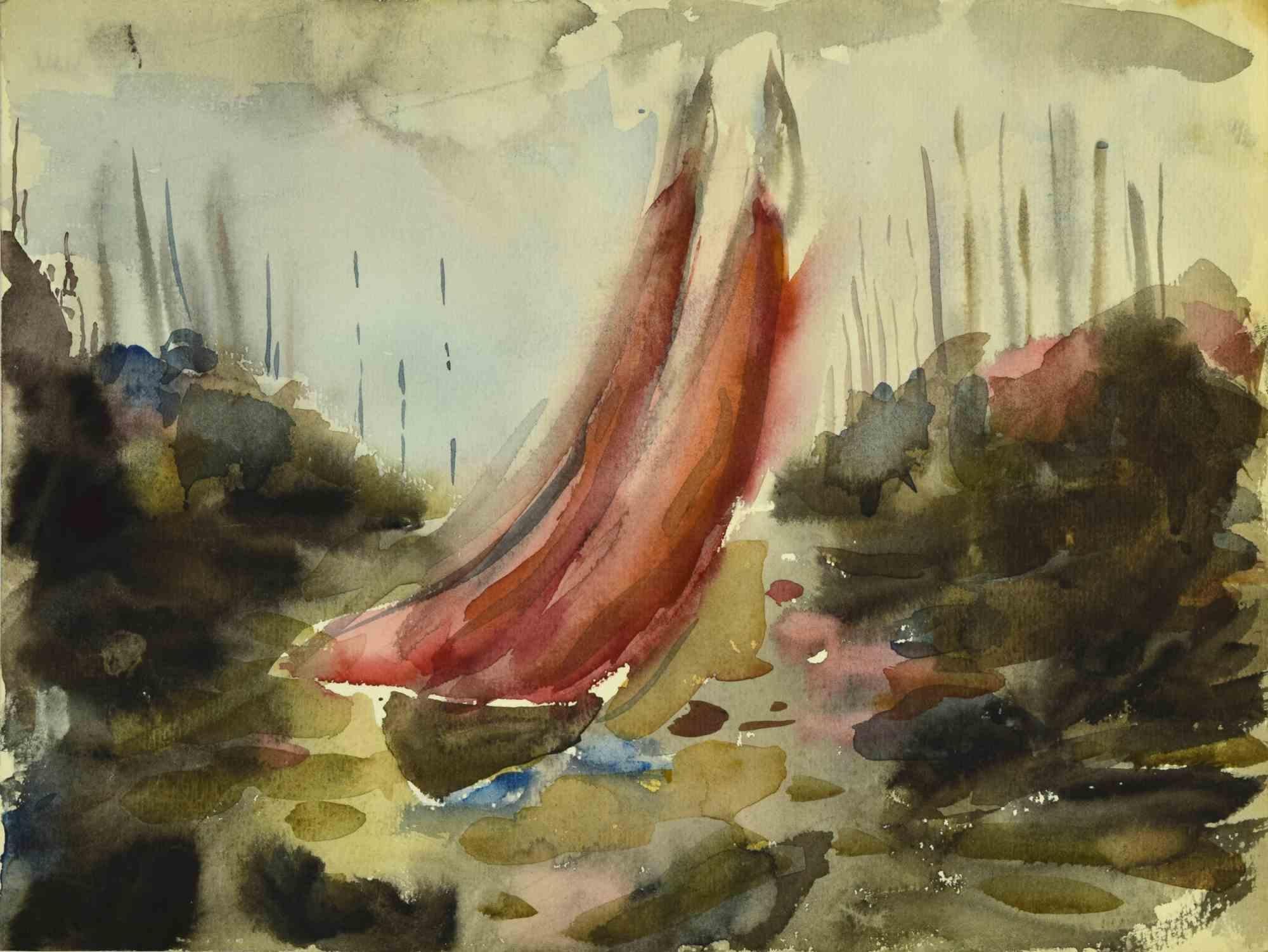 Unknown Figurative Art - Red Wind - Drawing - 1950s