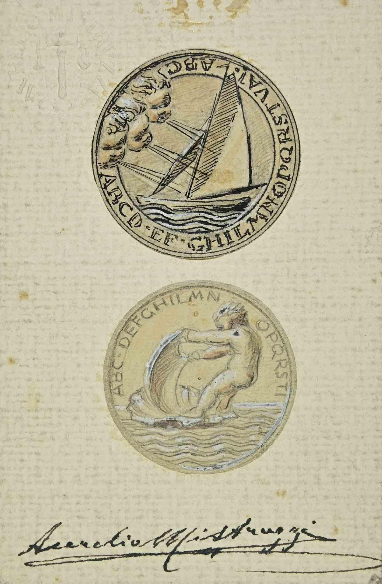 Study for Medals is an Artwork realized by the Italian Artist Aurelio Mistruzzi in the 1940s.

Drawing pencil, ink, and watercolor on paper.

Good conditions.

Aurelio Mistruzzi (1880-1960) studied at the Udine Art School, having classes with the