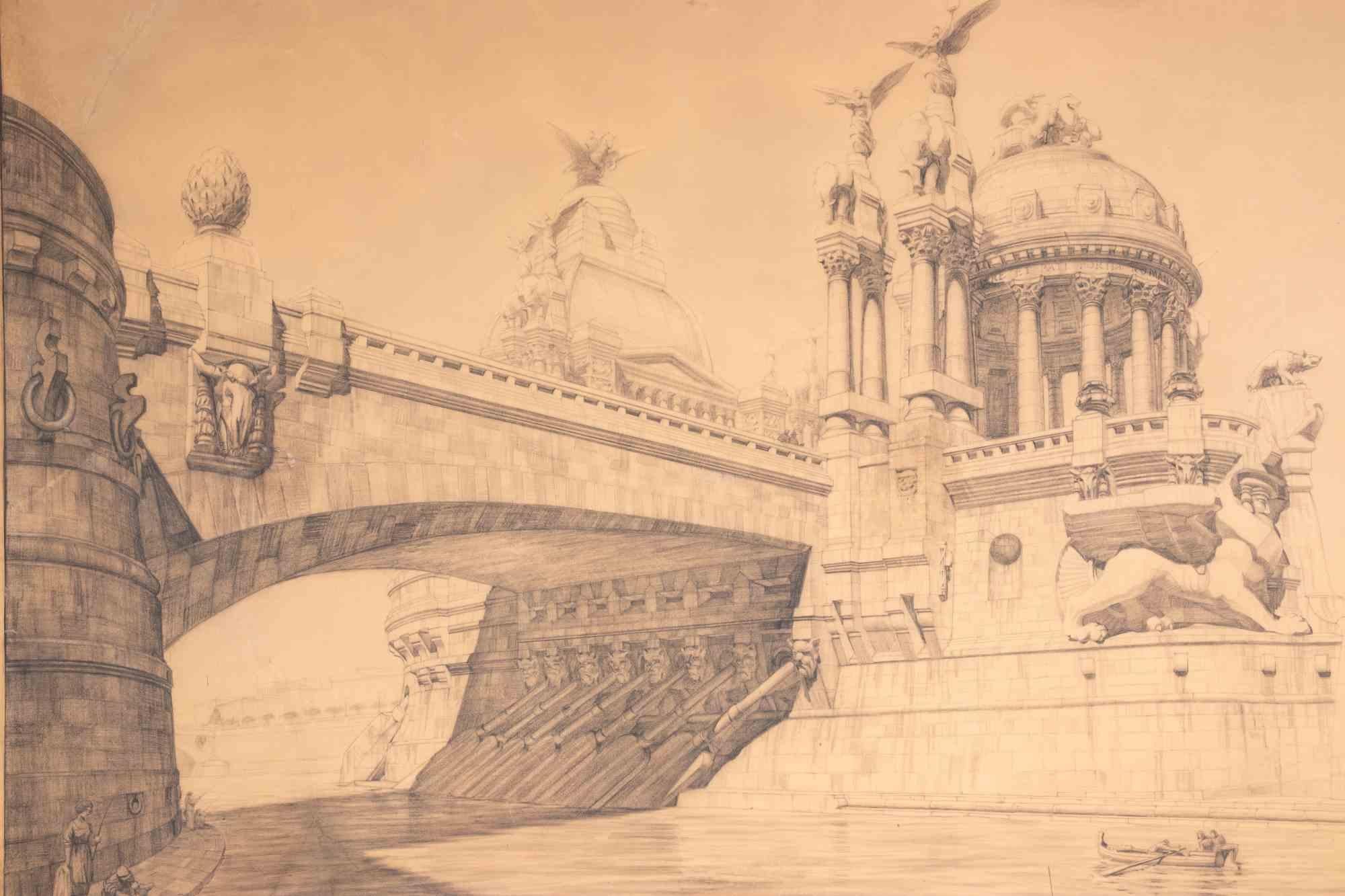 Veduta Prospettica di un Ponte - Disegno di Carlo e Adolfo Coppedè - 1911 - Art di Carlo and Adolfo Coppedè