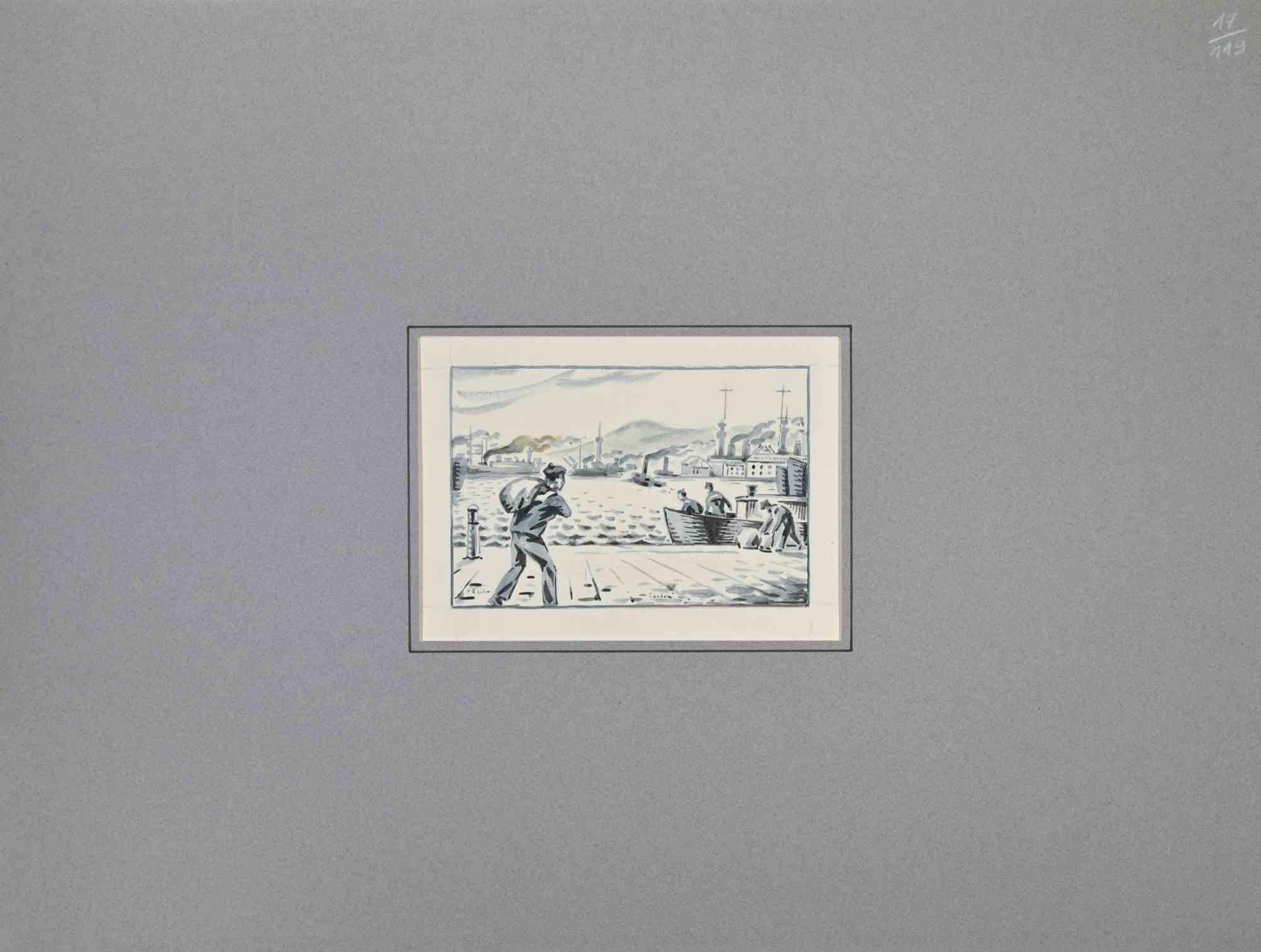 Toulon -  Drawing by Paul Emile Colin - Mid-20th Century