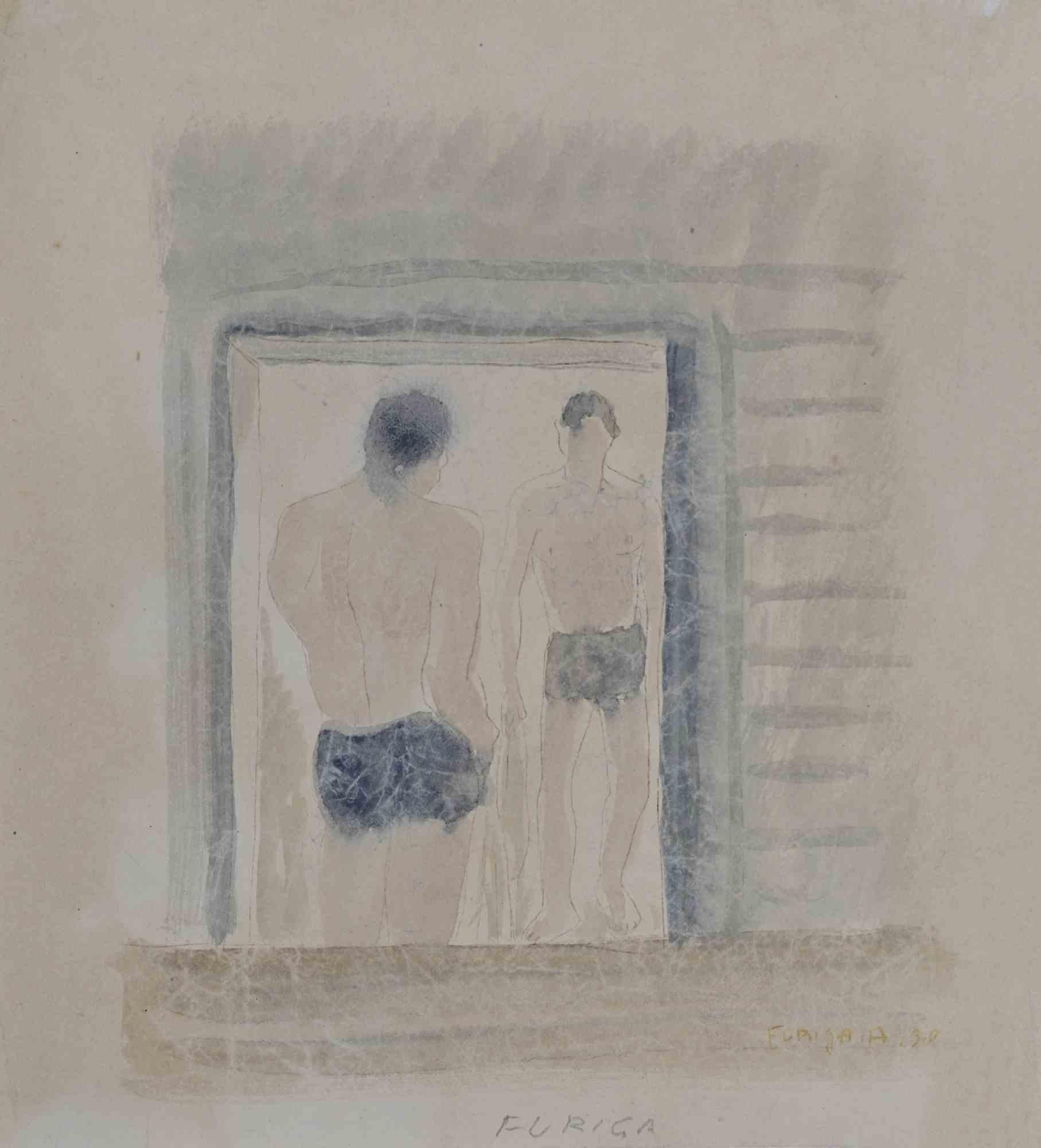 Man in Mirror - Drawing by Alfredo Furiga - Early 20th century