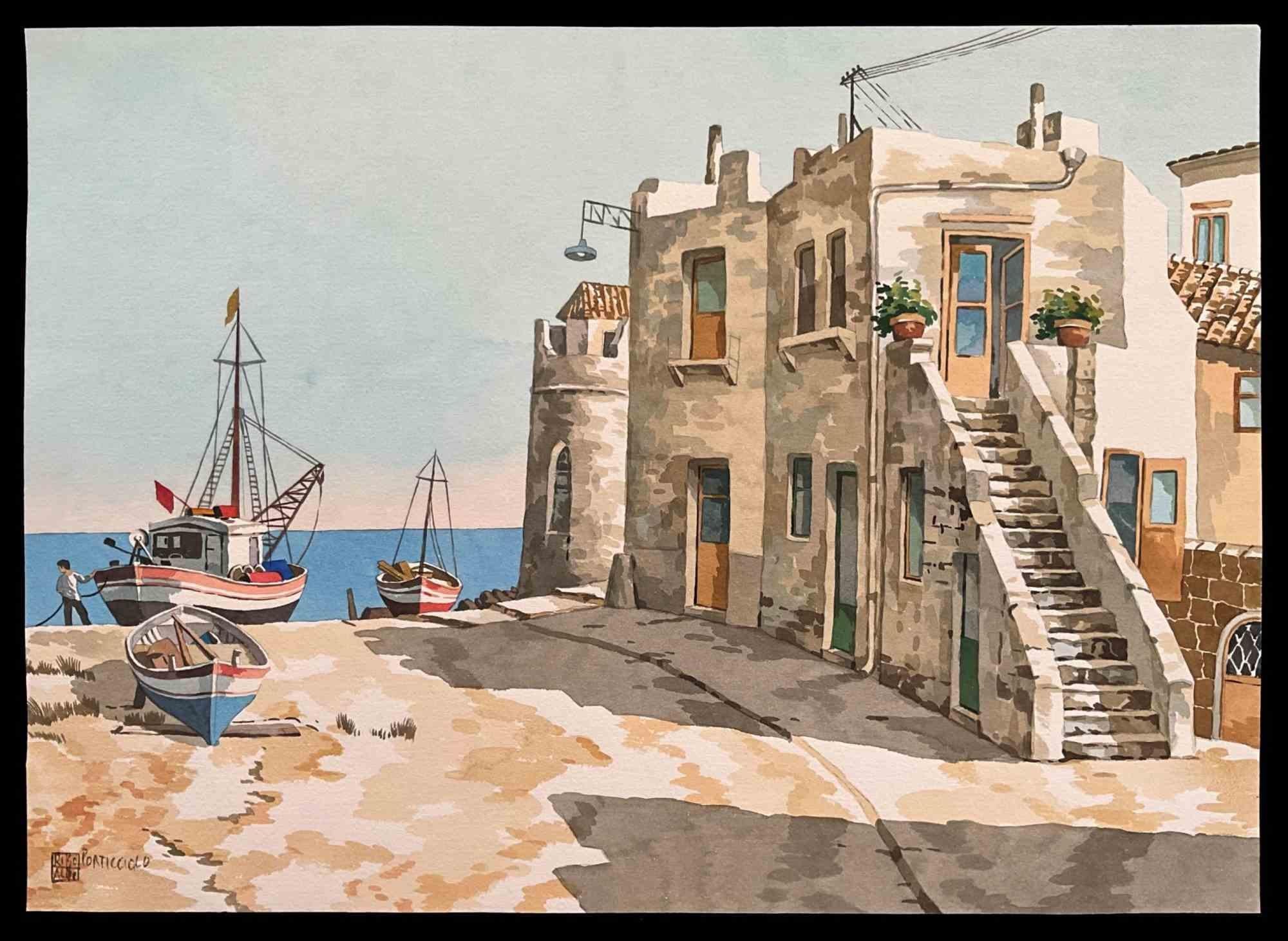 Porticciolo - Acquerello di Aldo Riso - 2000
