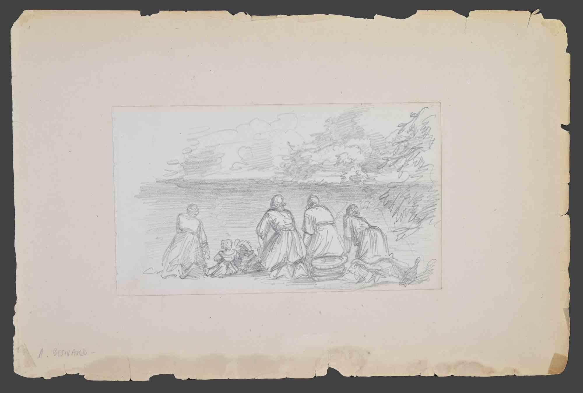 Shoreside -  Disegno di Albert Besnard - Inizio XX secolo