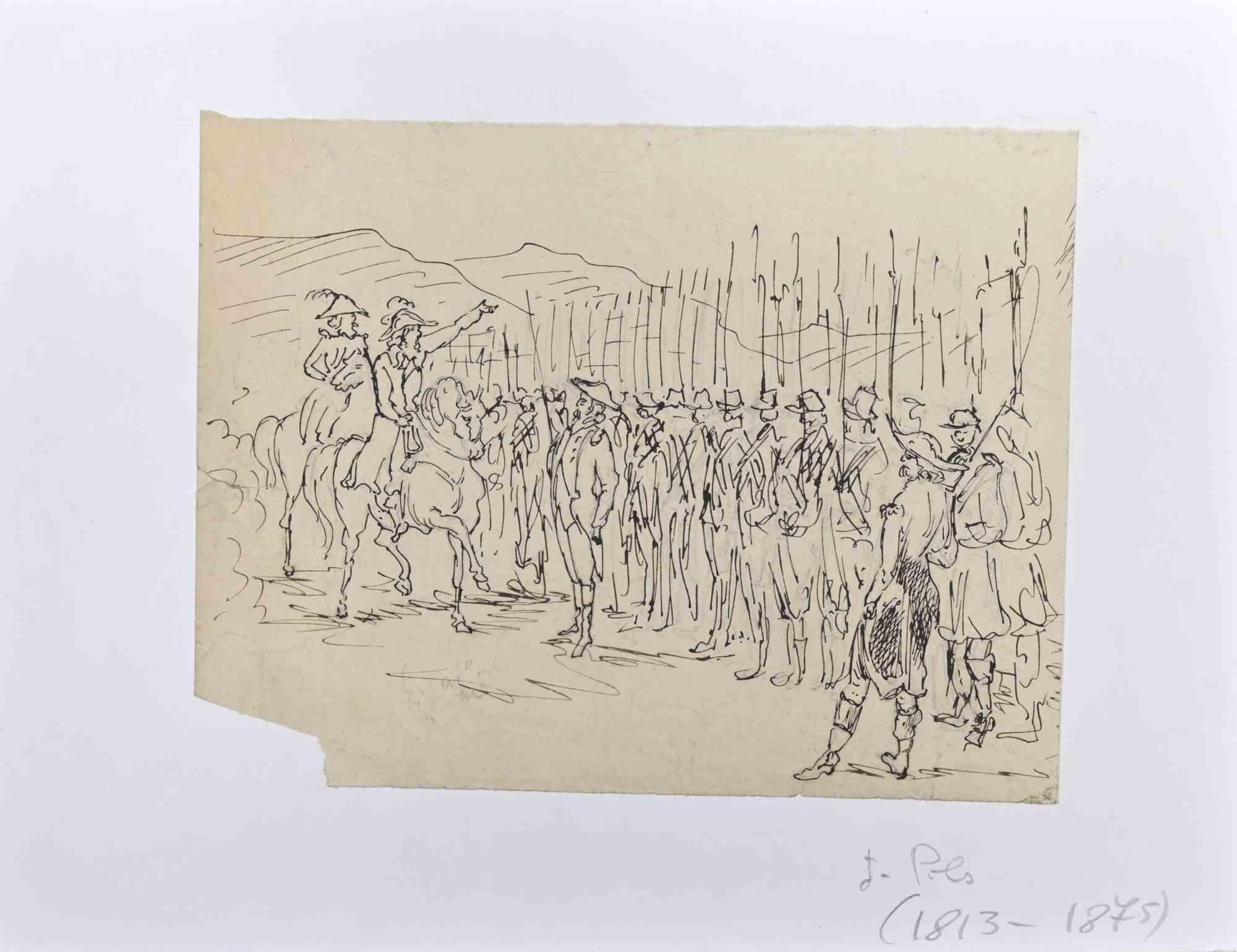 El Ejército es un dibujo original sobre papel de color marfil, realizado por Isidore Pils a mediados del siglo XIX.

Dibujo a tinta.

En buen estado, con un trozo de borde perdido.

La obra de arte se representa mediante trazos hábiles.