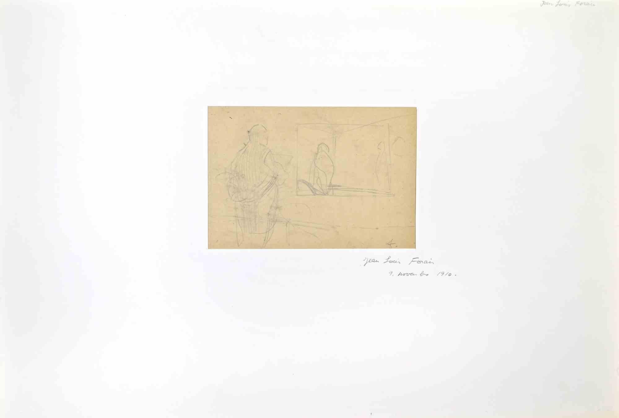 Man in the Mirror - Drawing by Jean-Luis Forain - Late 19th century