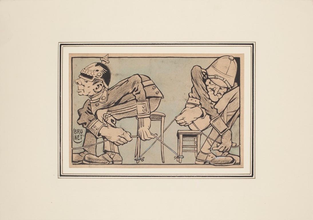 La Guerra 15/18 è un'opera d'arte realizzata da Brunet.

Disegno a china e acquerello.

Buone condizioni. Compreso un passepartout in cartone: cm 50 x 34,5.

Rappresenta una scena satirica della Prima Guerra Mondiale. 

Firmato in basso a sinistra.