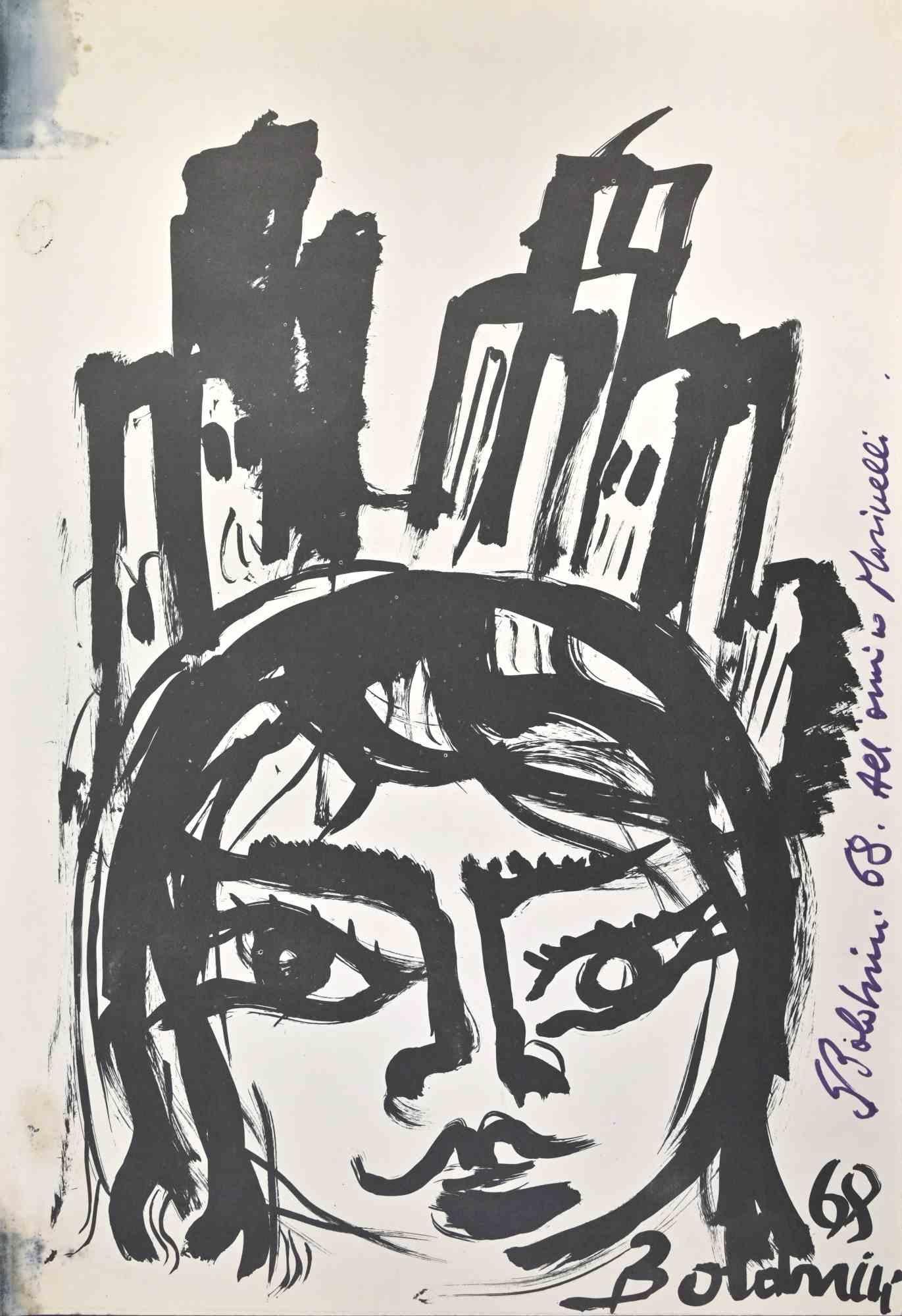 The Portrait  is a drawing artwork realized by Gustavo Boldrini in 1968.

Tempera and Watercolor on paper.

Signed and dated.

Good condition.

The drawing is likely a portrait or a character study, with the strong lines and shading emphasizing the