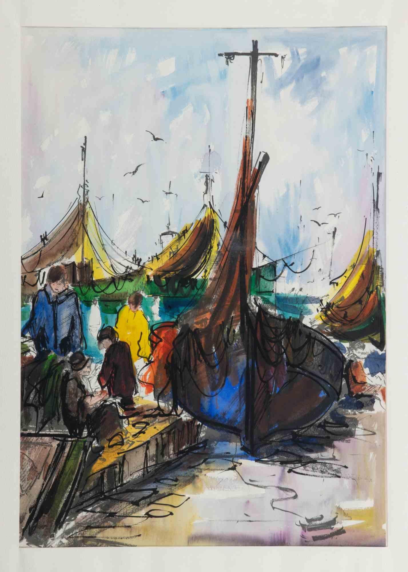 Marine Scene - Drawing - 1970s - Modern Art by Unknown