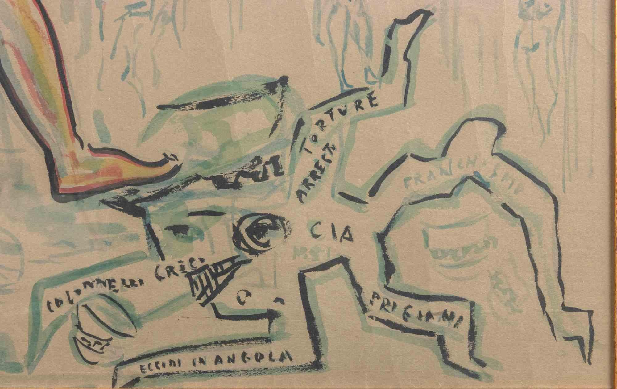 Violence and Revolutions - Watercolor on paper by Sirio Pellegrini - 1973 For Sale 3