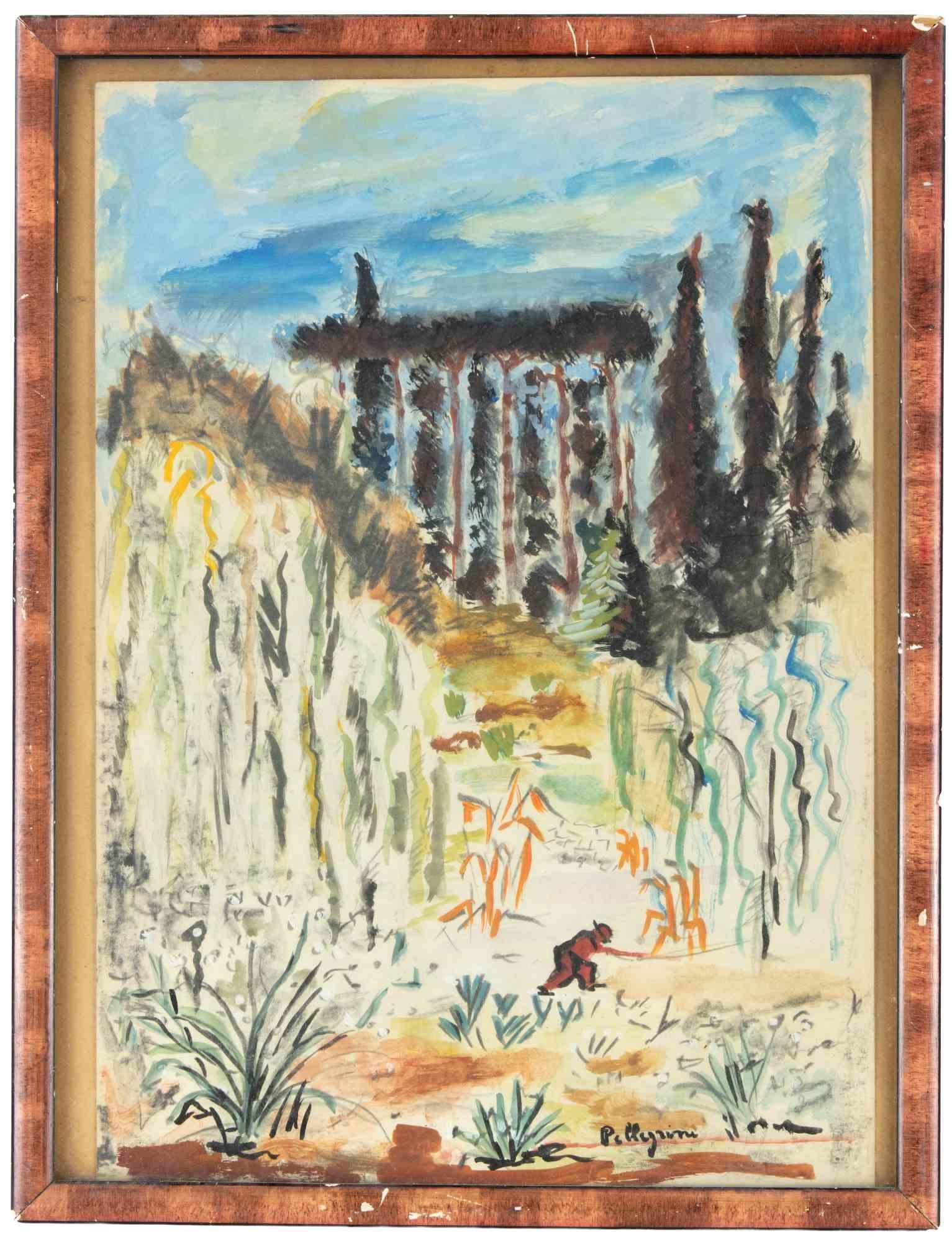 Landschaftslandschaft – Mixed Media von Sirio Pellegrini – 1960er Jahre
