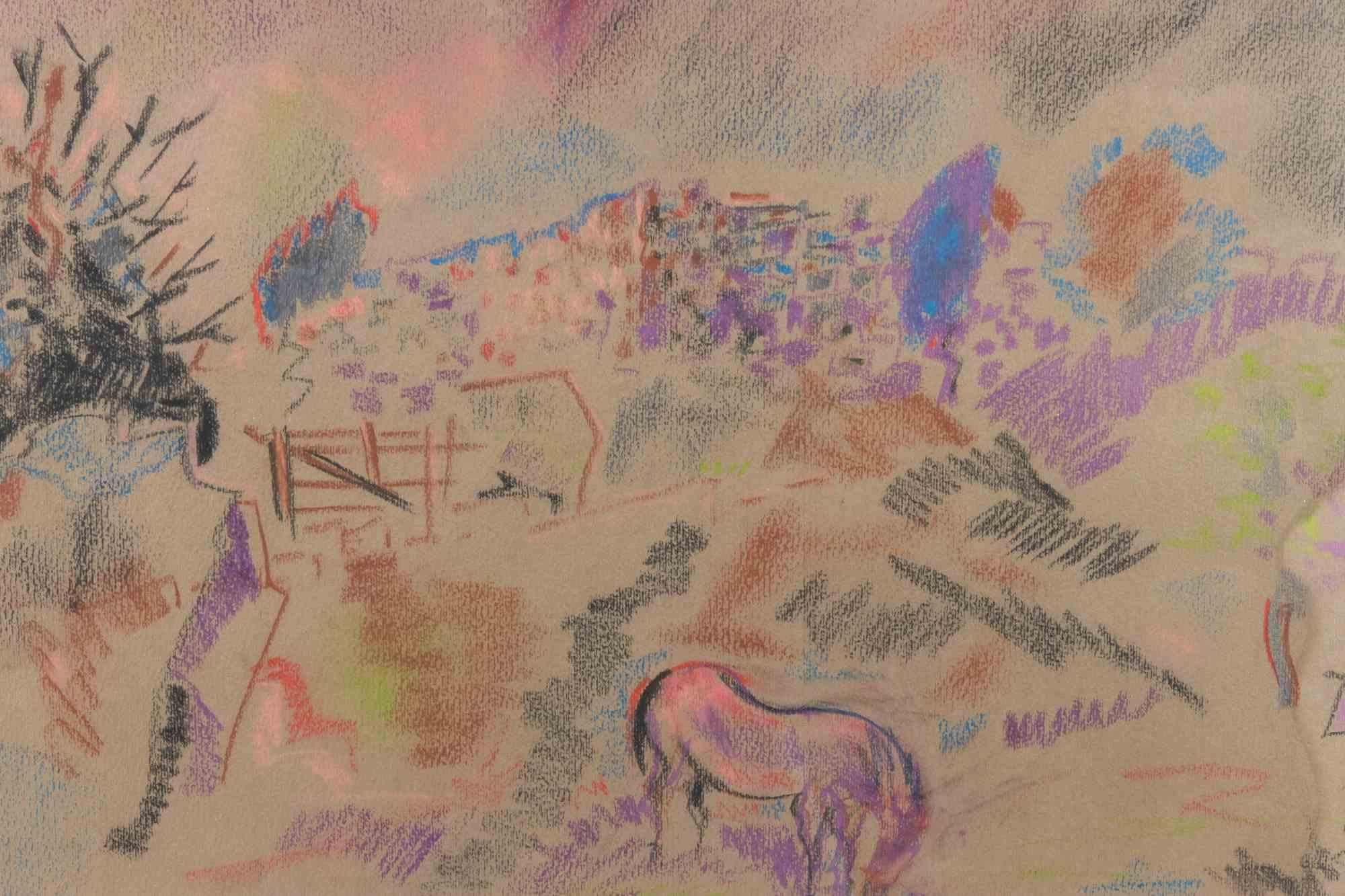 Cavallo al pascolo - Dipinto ad olio di Sirio Pellegrini - Anni '60 in vendita 1