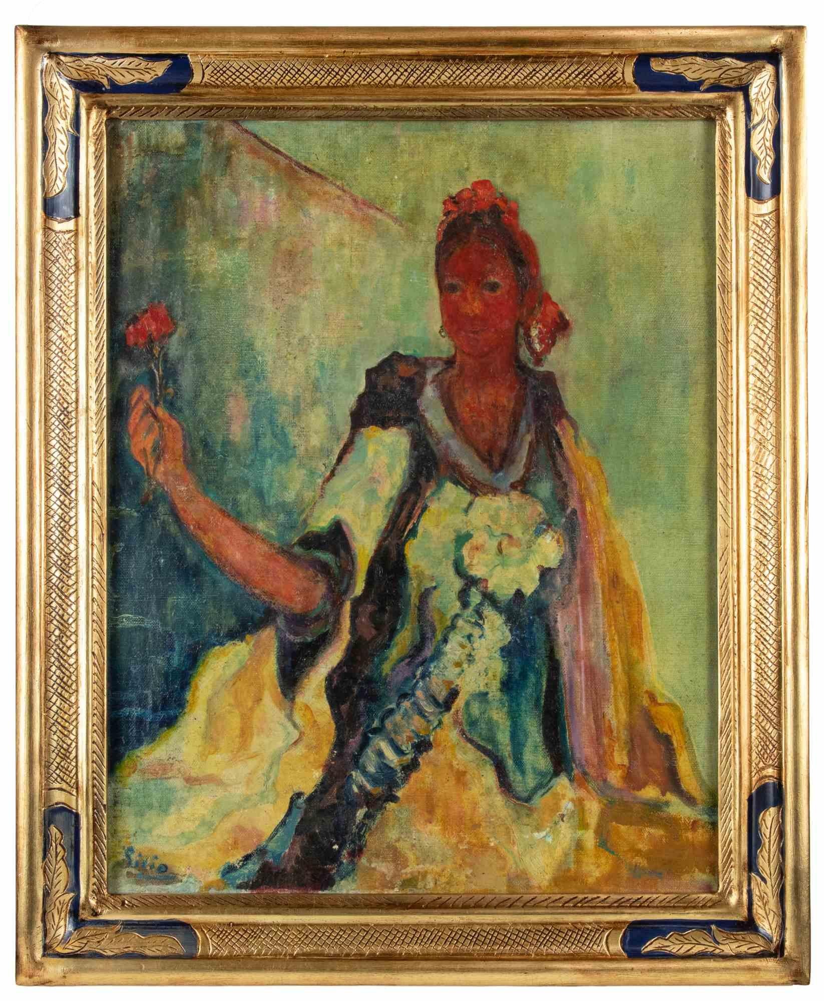 Ragazza spagnola - Pastello a olio su carta di Sirio Pellegrini - Anni '60