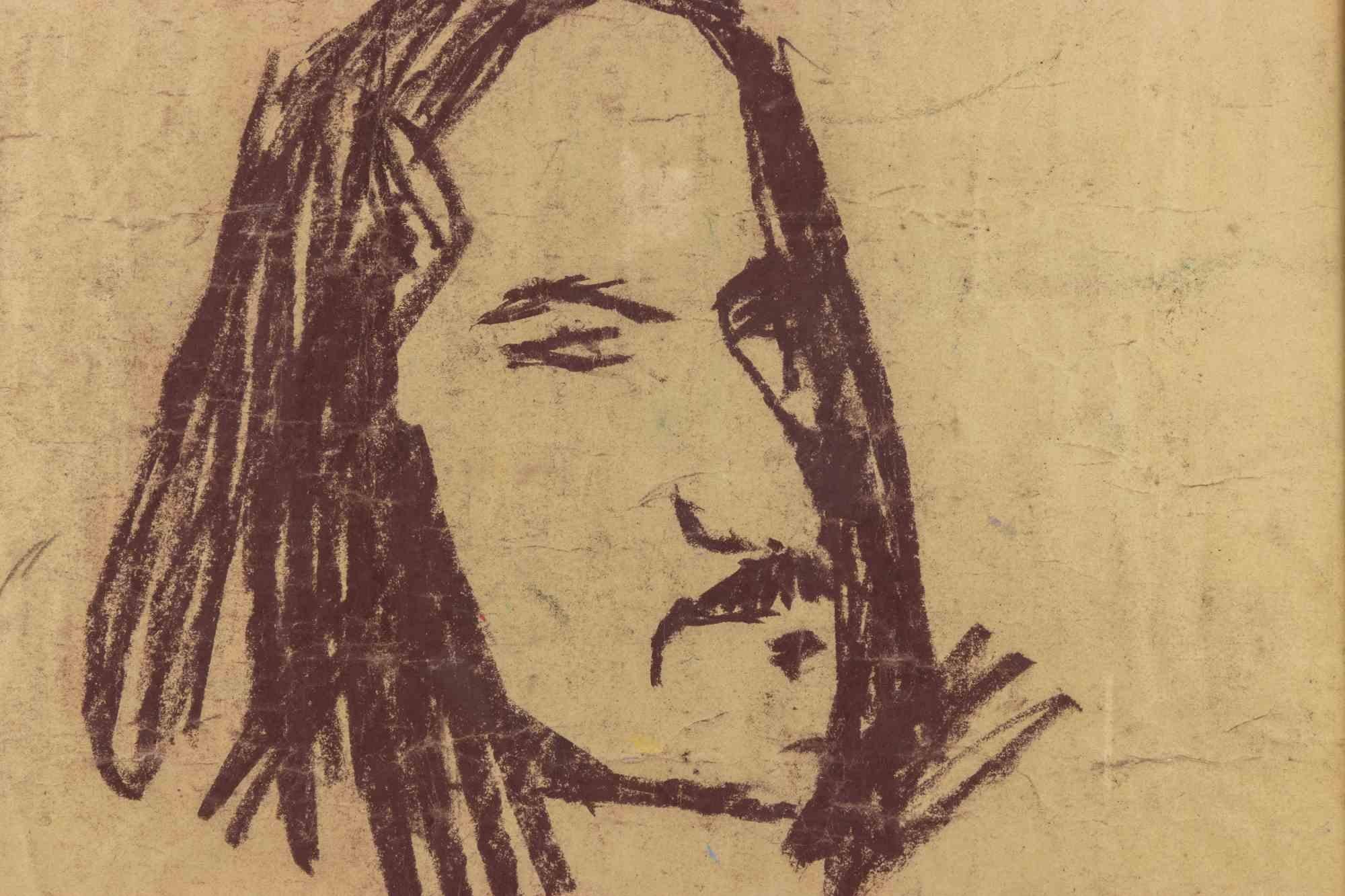 Portrait - Oil Pastel on Paper by Sirio Pellegrini - 1960s For Sale 1
