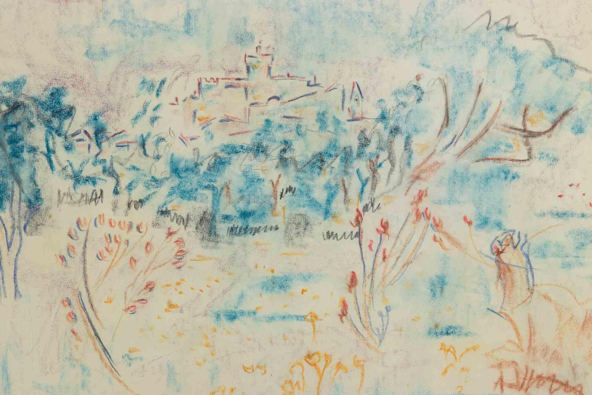 Paisaje - Técnica mixta sobre papel de Sirio Pellegrini - 1971 en venta 1