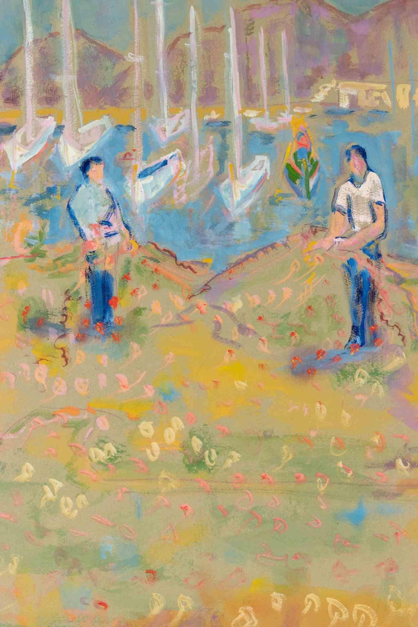 Fishermen at the Nets - Drawing by Sirio Pellegrini - 1970s For Sale 1