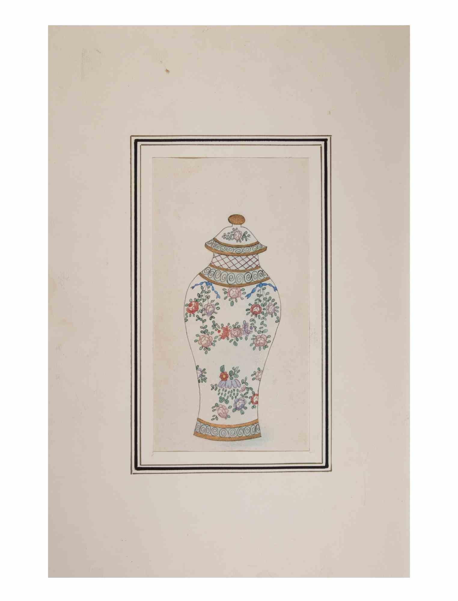 Chinese Vase - Drawing by Gabriel Fourmantraux - 1930s For Sale 1