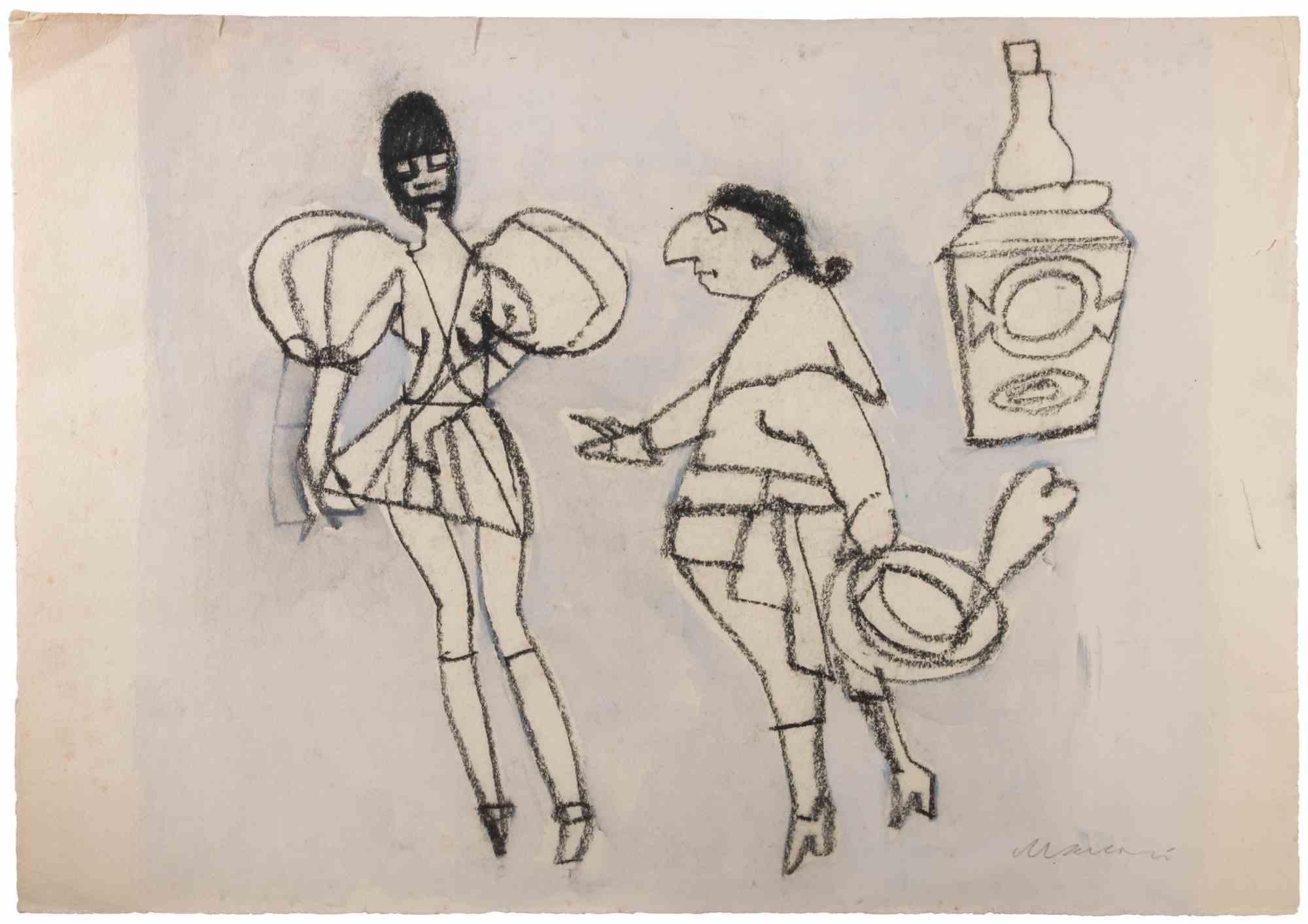 The Knight and the Lady - Drawing by Mino Maccari - mid-20th Century