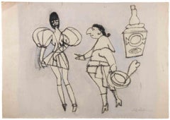 El caballero y la dama - Dibujo de Mino Maccari - mediados del siglo XX