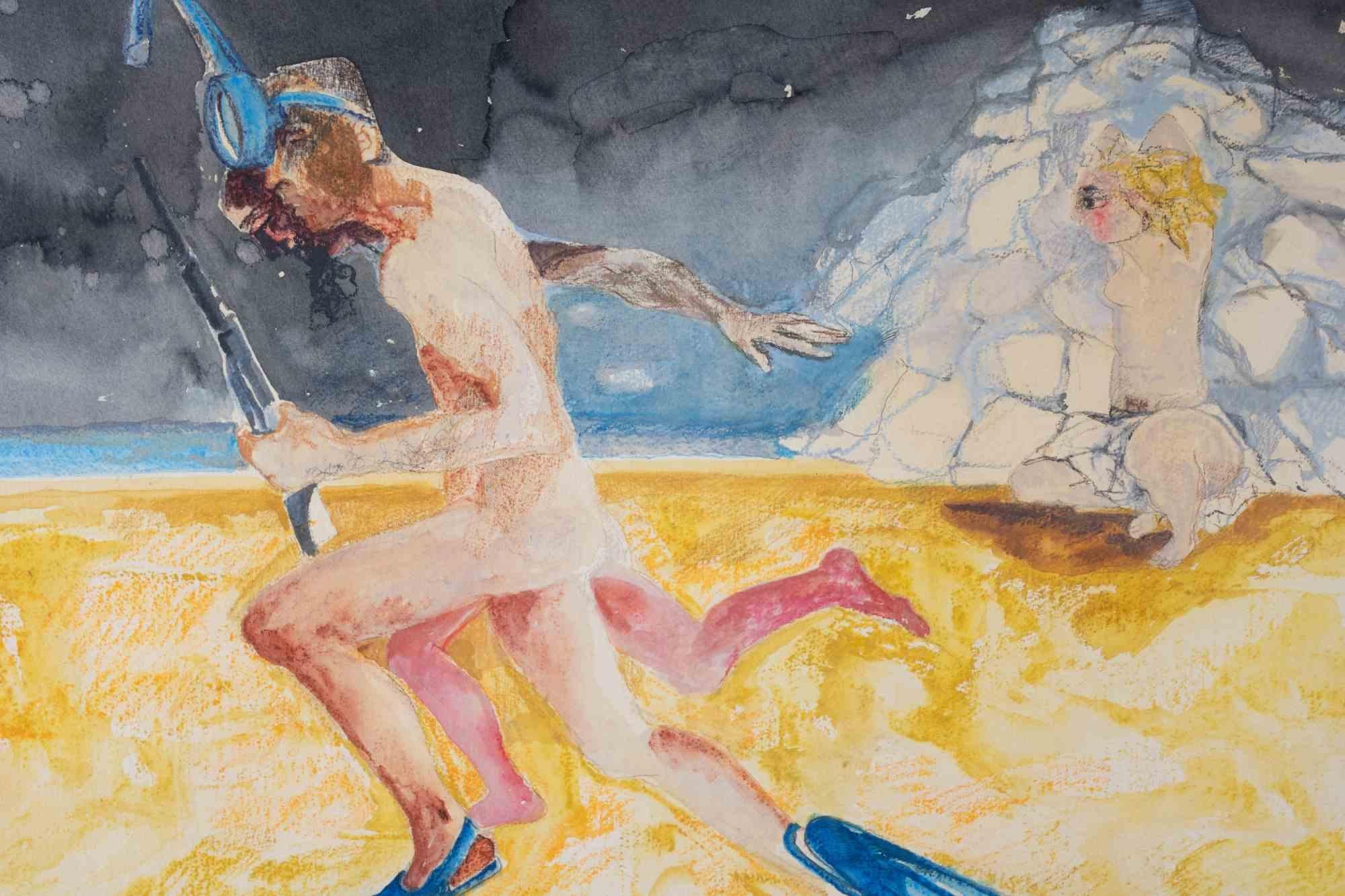 Diving at the Sea - Drawing by Ennio Calabria - 1970s For Sale 1