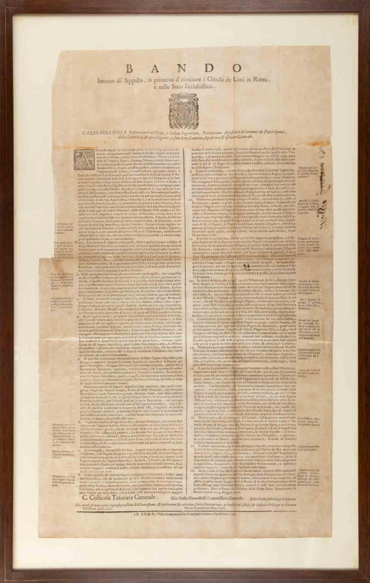 Bando Intorno all'Appalto dei Giochi dei Lotti in Roma - 1725 ca - Art by Unknown