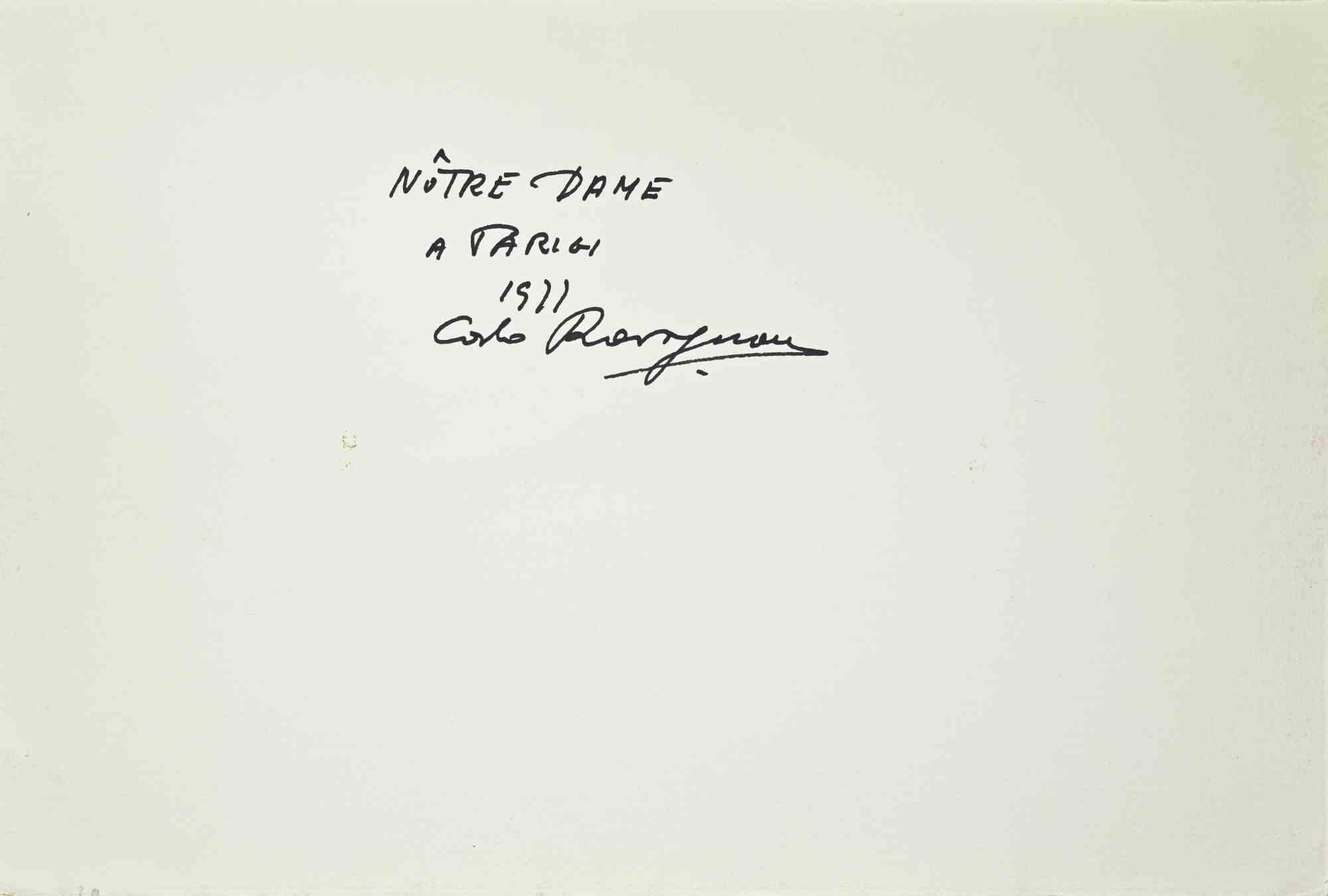 Notre Dame in Paris - Drawing by Carlo Ravagnan - 1971 For Sale 1