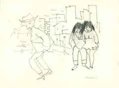 Pareja en la ciudad - Dibujo de Mino Maccari - Años 60