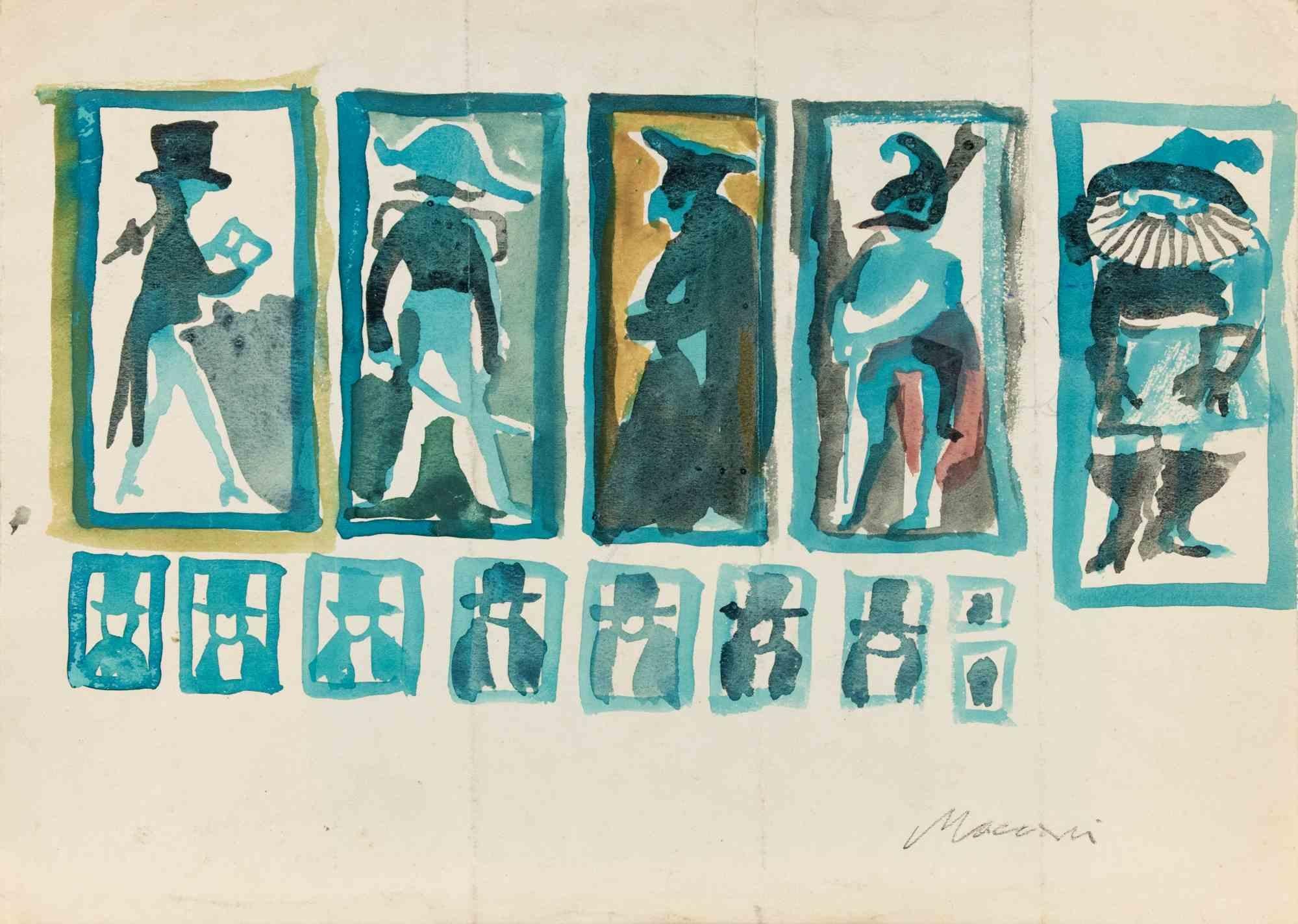 Acuarela sobre papel realizada por Mino Maccari en la década de 1950.

Firmado a mano en lápiz en la parte inferior derecha.

Algunos pequeños pliegues, por lo demás en muy buen estado.