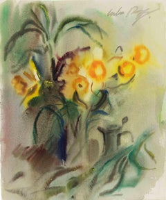 Natura morta con vasi di fiori - Disegno di Carlo Ravagnan - Anni '70