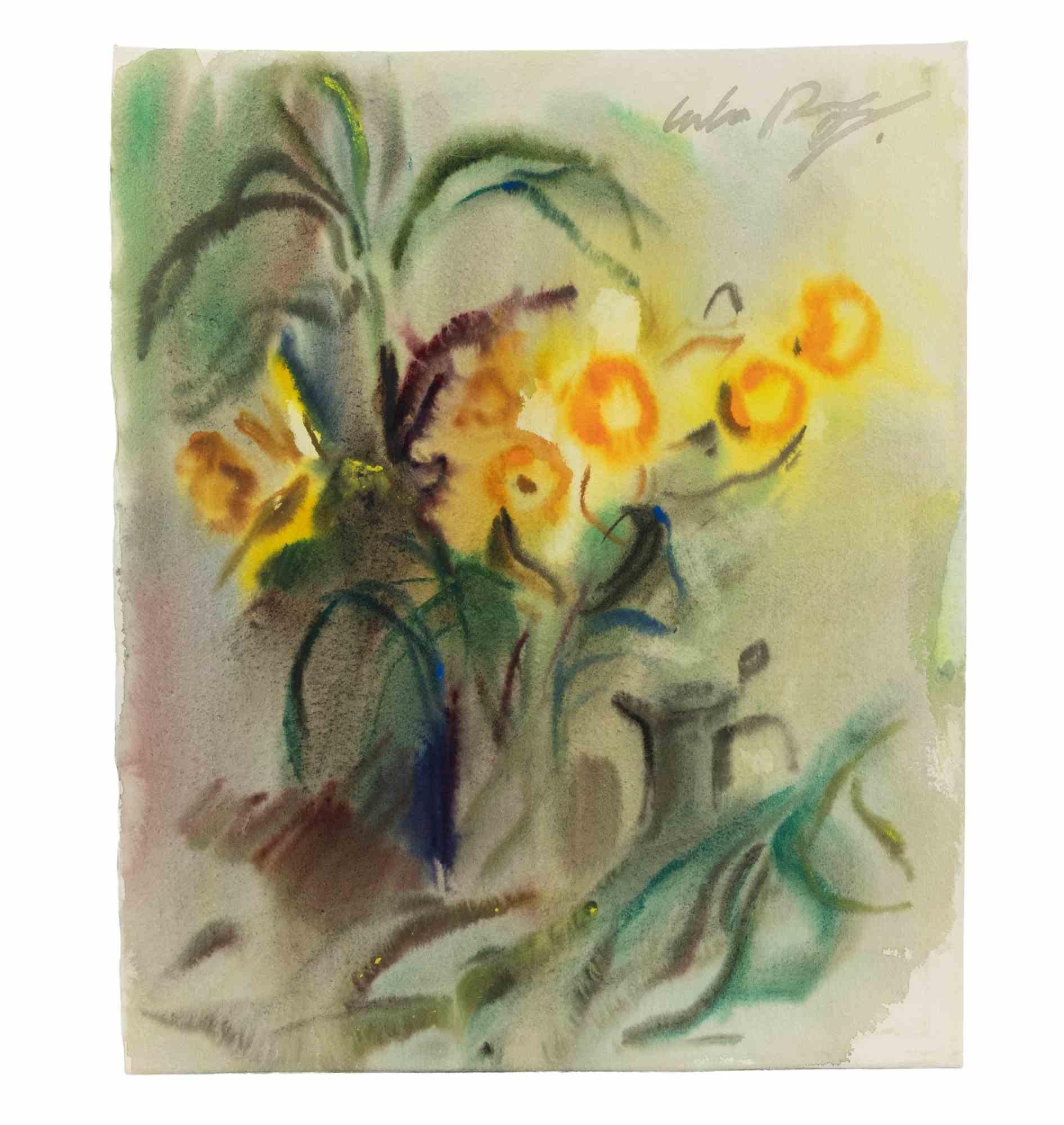 Natura morta con vasi di fiori - Disegno di Carlo Ravagnan - Anni '70 in vendita 1