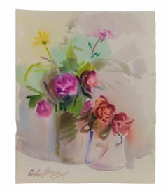 Still Life with Vases of Flowers - Drawing by Carlo Ravagnan - 1972