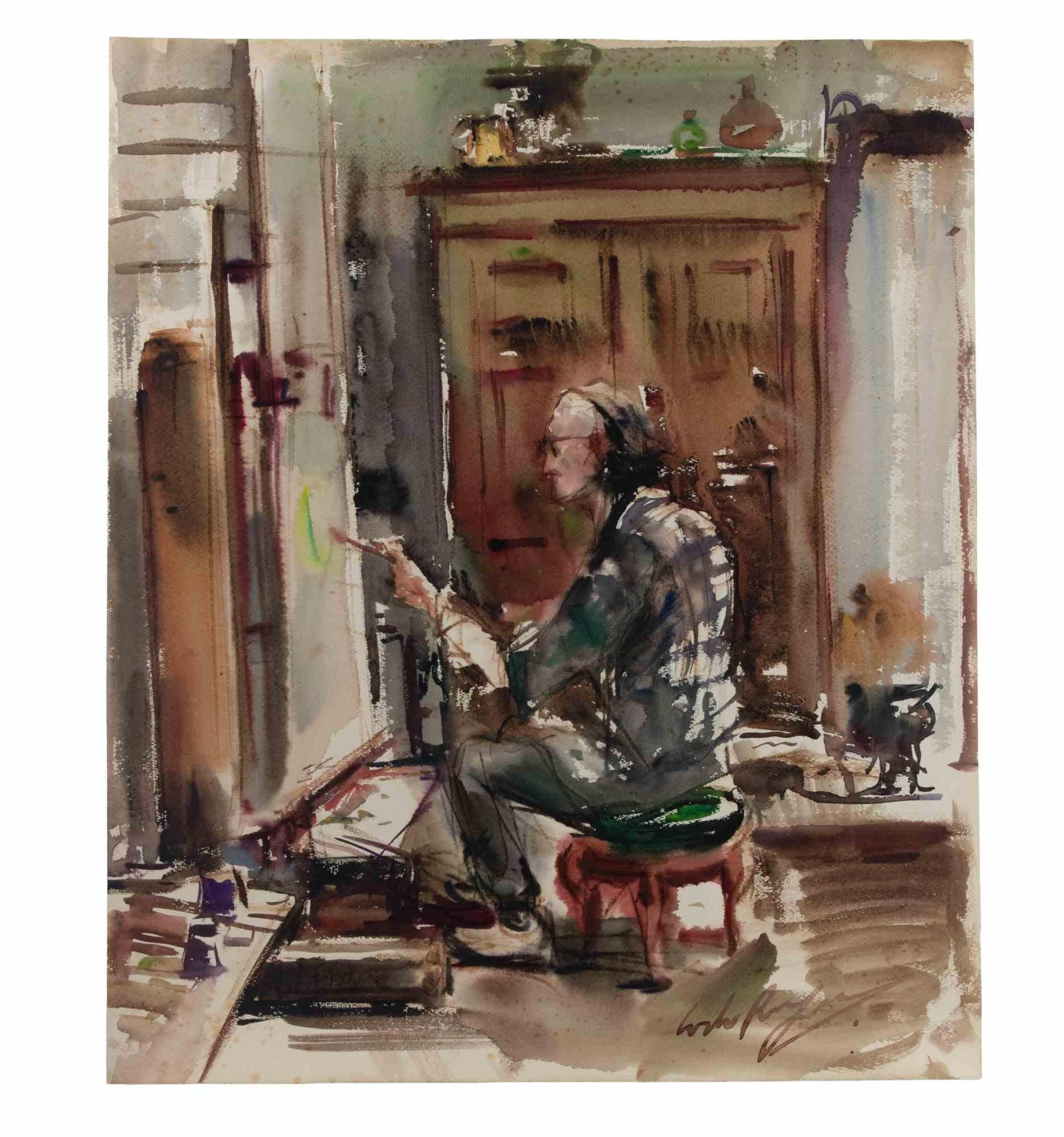 The Painter Bruno Amadio in his Studio - Drawing by Carlo Ravagnan - 1961